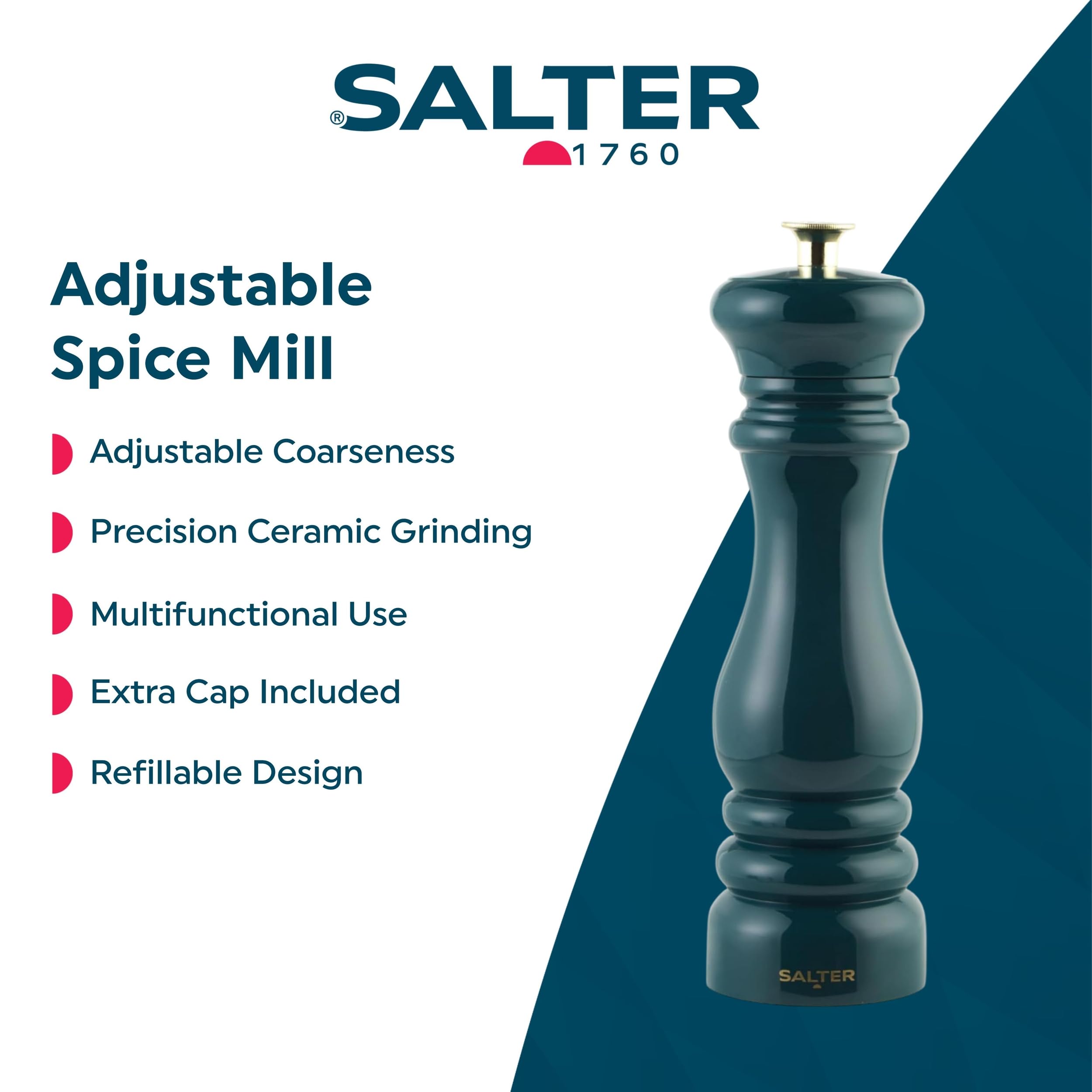 Salter Chester Single Salt & Pepper Mill, Adjustable Ceramic Grind, Fine to Coarse Grinding, Refillable, Extra Cap Included - Image 2