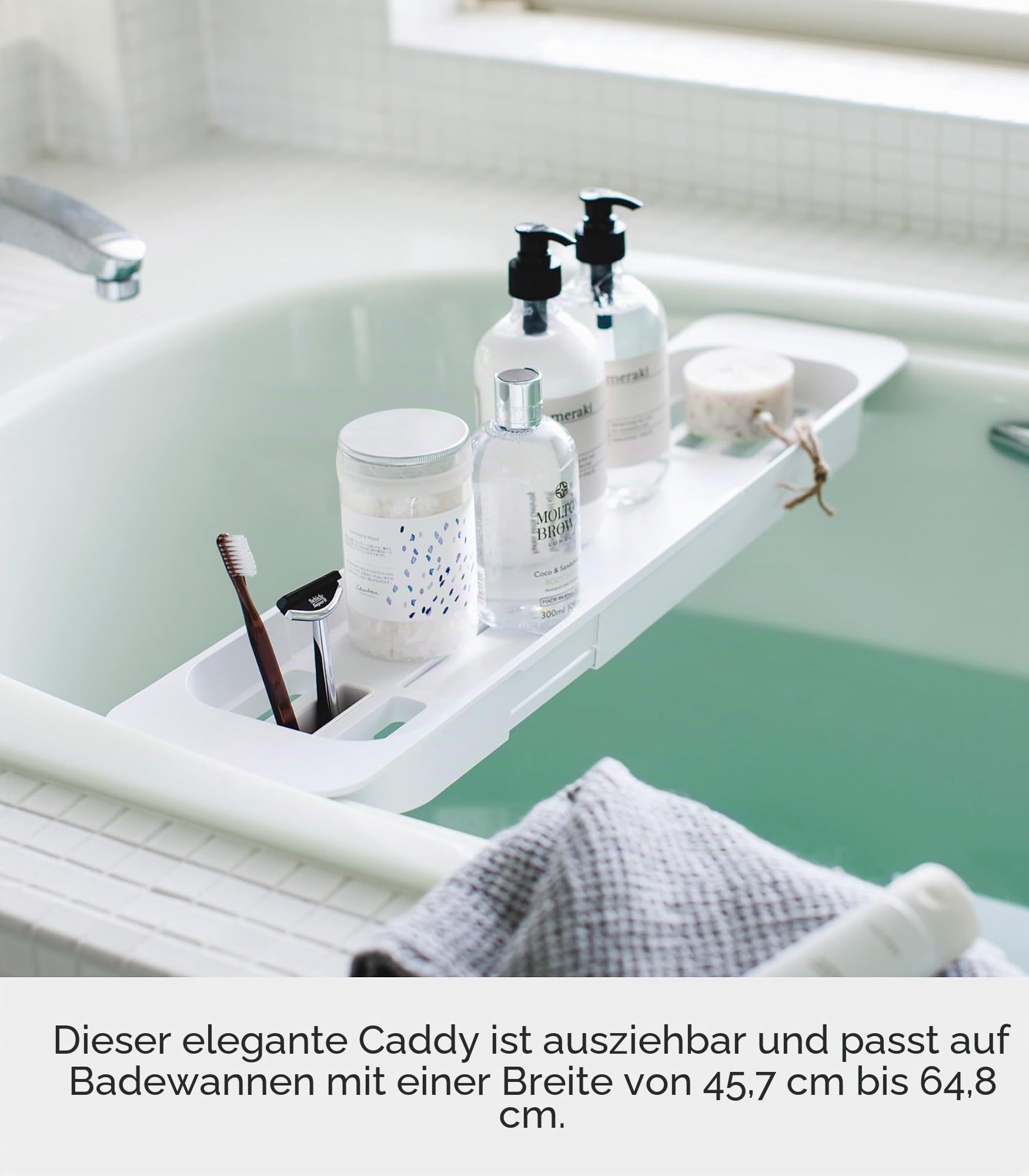 Yamazaki 3546 Tower Extendable Bathtub Tray, White, ABS Resin, 57.575 x 15.5 x 4.5 cm
