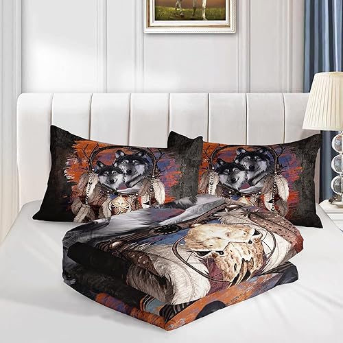 Miniatura 7 de Juego de cubrecolchón con atrapasueños de lobo para niños, adolescentes y niñas, diseño retro moderno de vida silvestre y animales, juego de cama