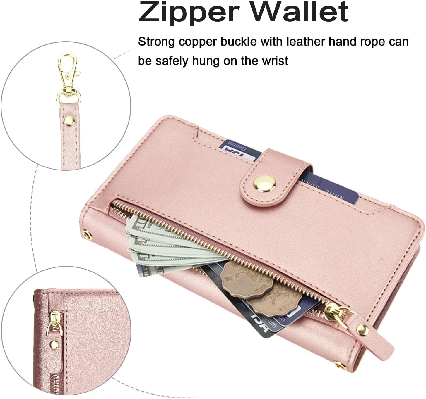 Asuwish Phone Case for iPhone 17 Pro Max 6.9 inch Zipper Wallet Cell Cover, with Tempered Glass Screen Protector and Crossbody Strap, Card Holder i Phone17 17Pro i17 ProMax 17ProMax Women Rose Gold