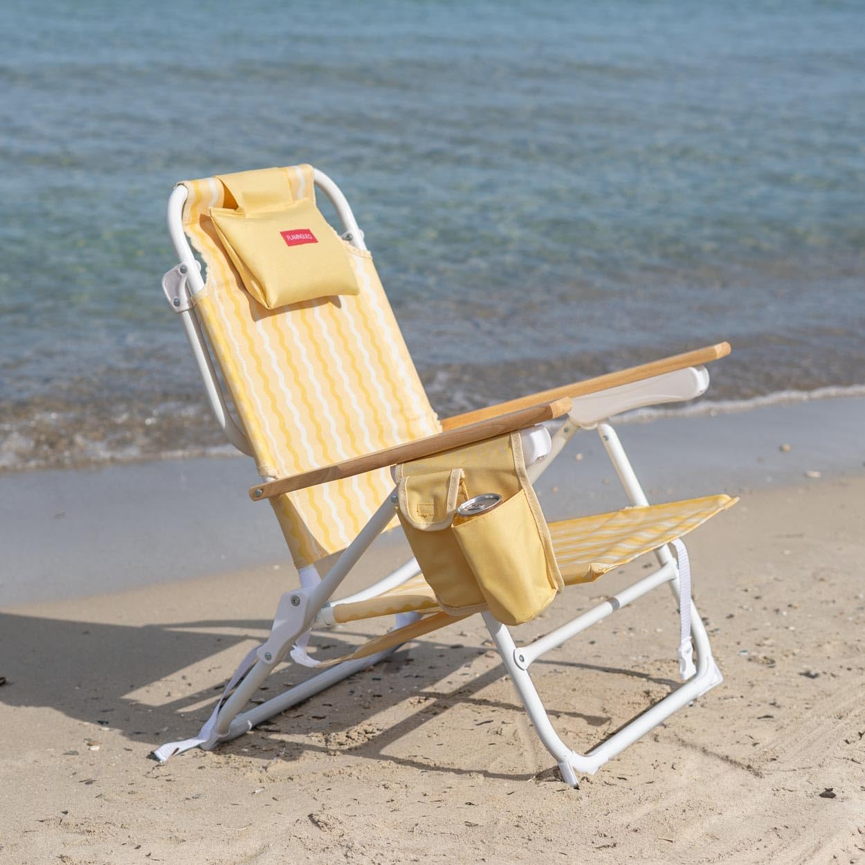 Flamingueo 2er Set Strandstühle - Klappbar - 5-Fach Verstellbare Rückenlehne - Kühltasche - Handytasche - Rucksackgriffe - Ergonomisches Kissen - Aluminium und Polyester - Gelb