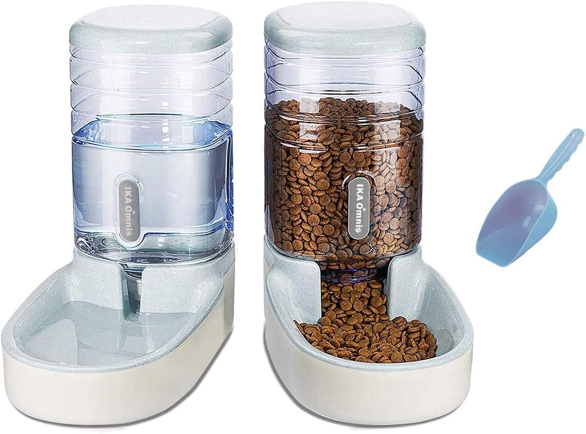 Ika OmnisAutomatic Dog Cat Feeder and Water Dispenser Set with Food Scoop for Small/Medium Pet Puppy Kitten - Big Capacity 1 Gallon x 2
