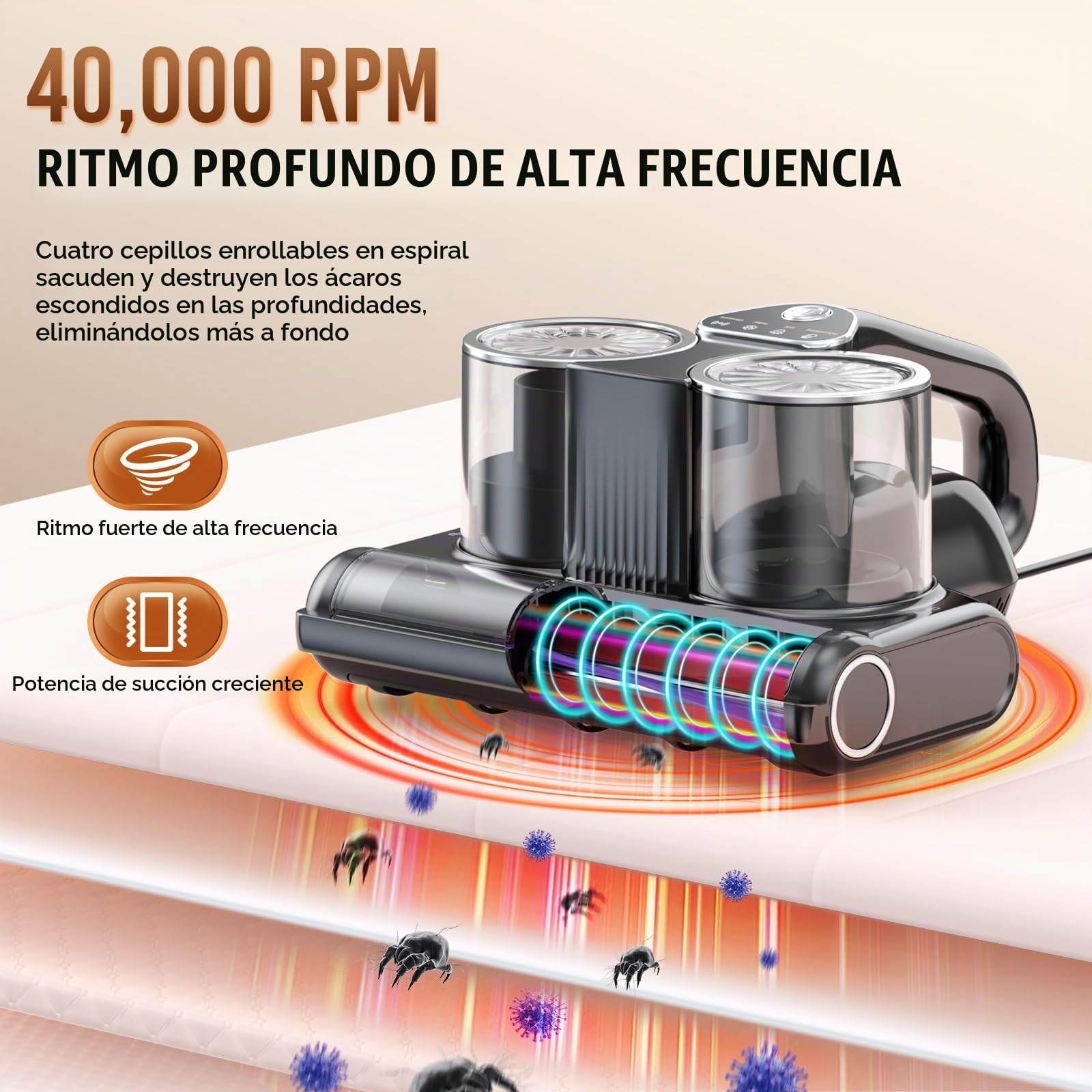 16Kpa Aspirador de Mano, Aspirador Antiácaros para Ácaros con Luz UV, 500W Handabsauger mit Kabel (Gris Oscuro)