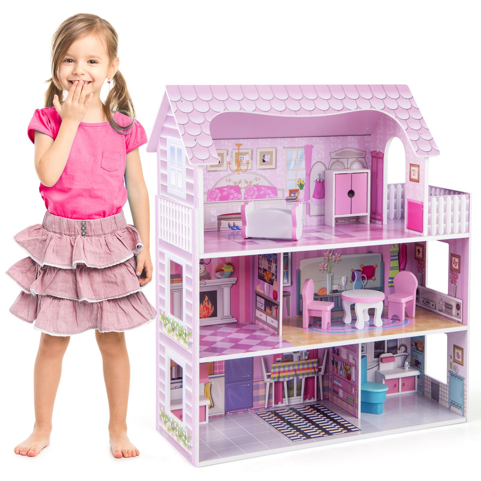 RELAX4LIFE Casa delle Bambole in Legno, 3 Piani, 5 Stanze, Mobili Rimovibili, Design Multicolore, Giocattolo Educativo per Bambini(Tre Piani delle Scoperte)
