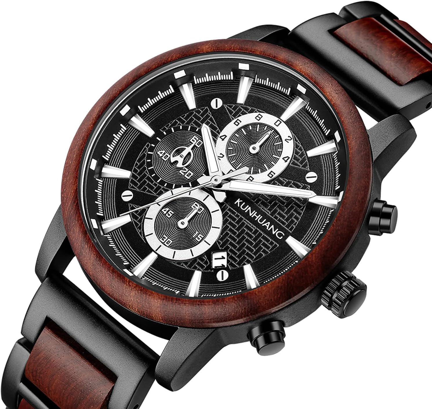 IK COLOURING Men's Wooden Watches, Multifuctional Quartz Chronograph & Date Display Watch for Men Handmade Wood Wrist Watch Luminous Stylish Casual Lightweight Wood & Stainless Steel Male Watch