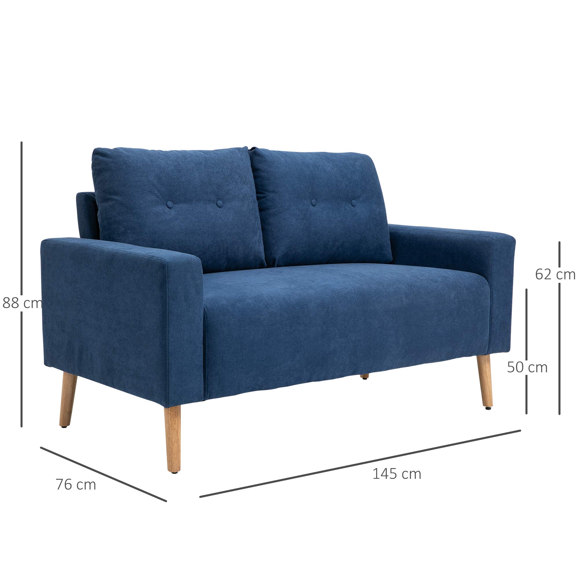 HOMCOM Divano 2 Posti Moderno in Stile Nordico con Schienale Trapuntato, in Poliestere e Legno, 145x76x88 cm, Blu