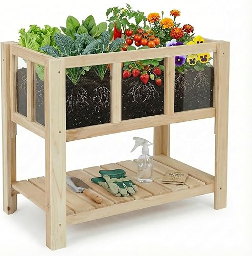 Miniatura 8 de Cama de jardín elevada para exteriores con ruedas con cerradura, maceta elevada de madera de 55 x 24 x 33 pulgadas para patio trasero, balcón,