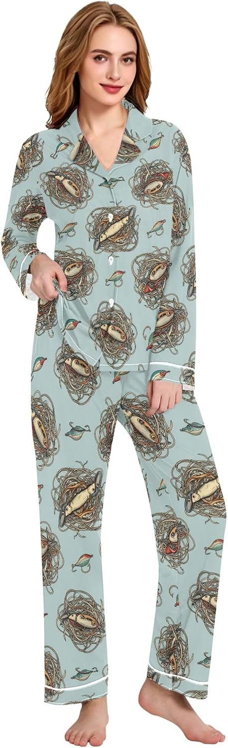 Exnundod Womens Pajama Sets Button Up PJS Fishing Lures Tangled Wire