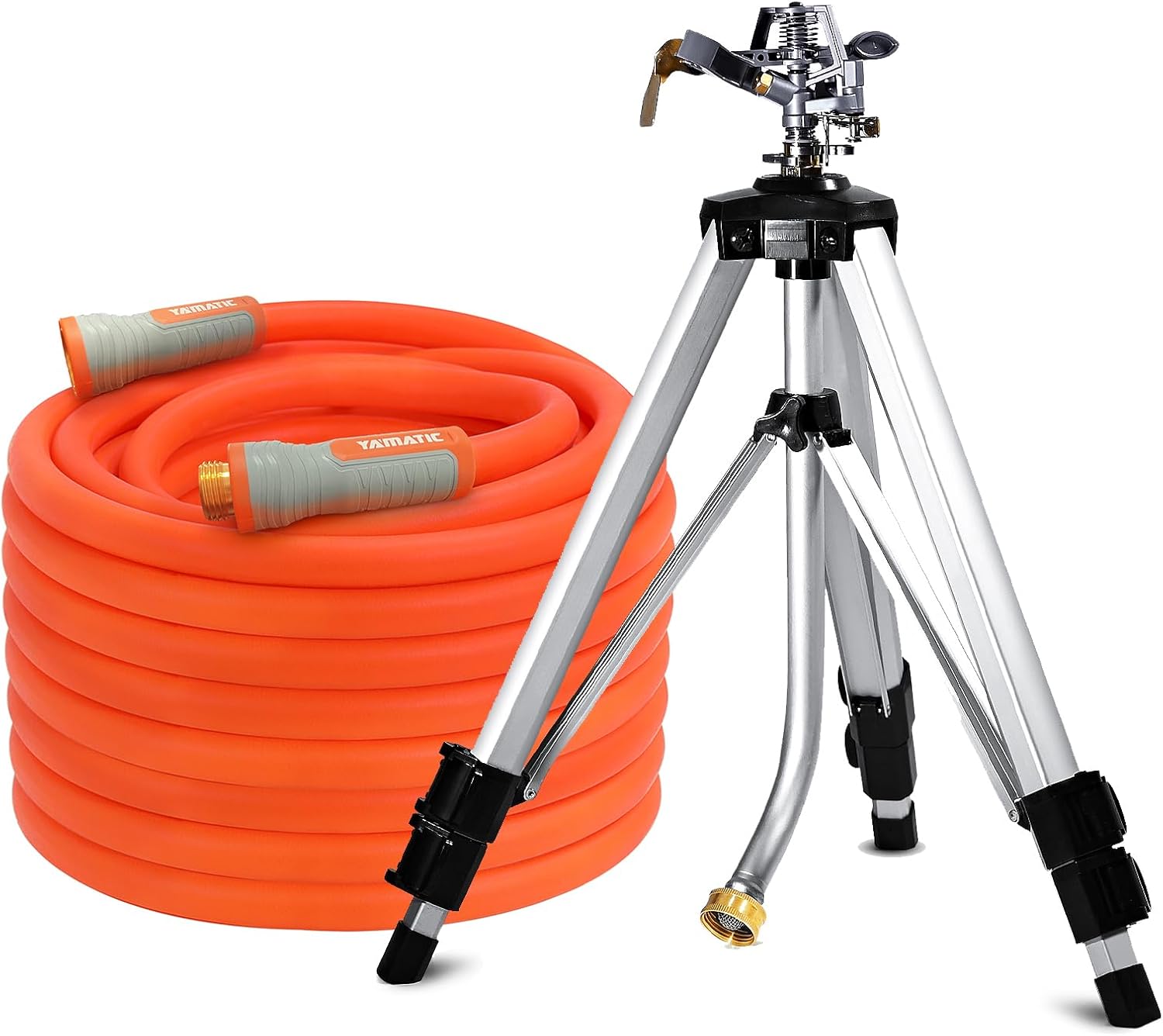 YAMATIC Heavy Duty Super Flexible Garden Water Hose 5/8 in x 75 ft and Impact Sprinkler on Adjustable Tripod Base Set
