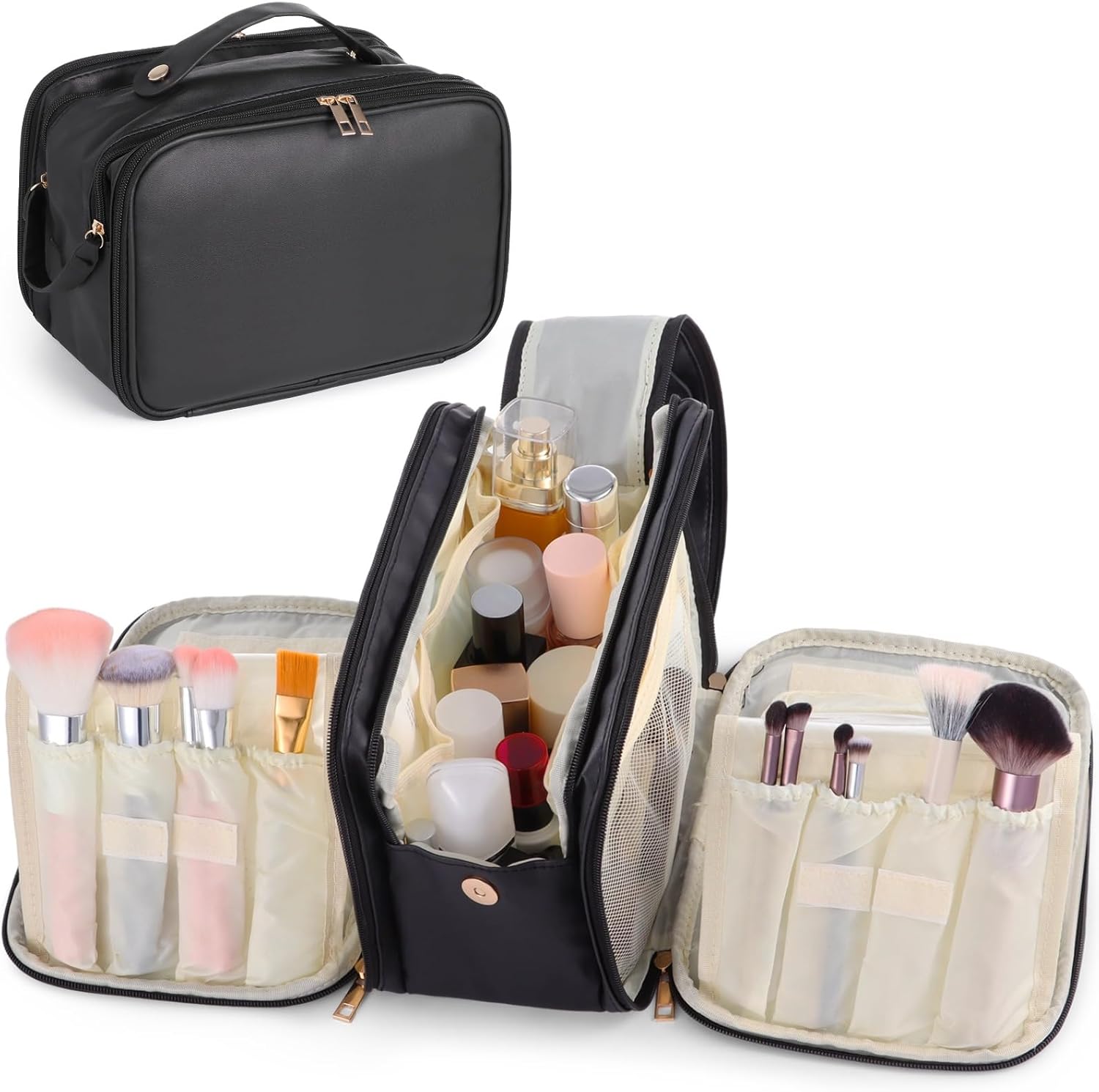 Black Travel Makeup Bag for Women - Large Capacity Cosmetic Organizer, Multi-Layer Toiletry Bag with Handle, Waterproof PU Leather Portable Makeup Zippered Case with Standing Brush Holder - Image 2