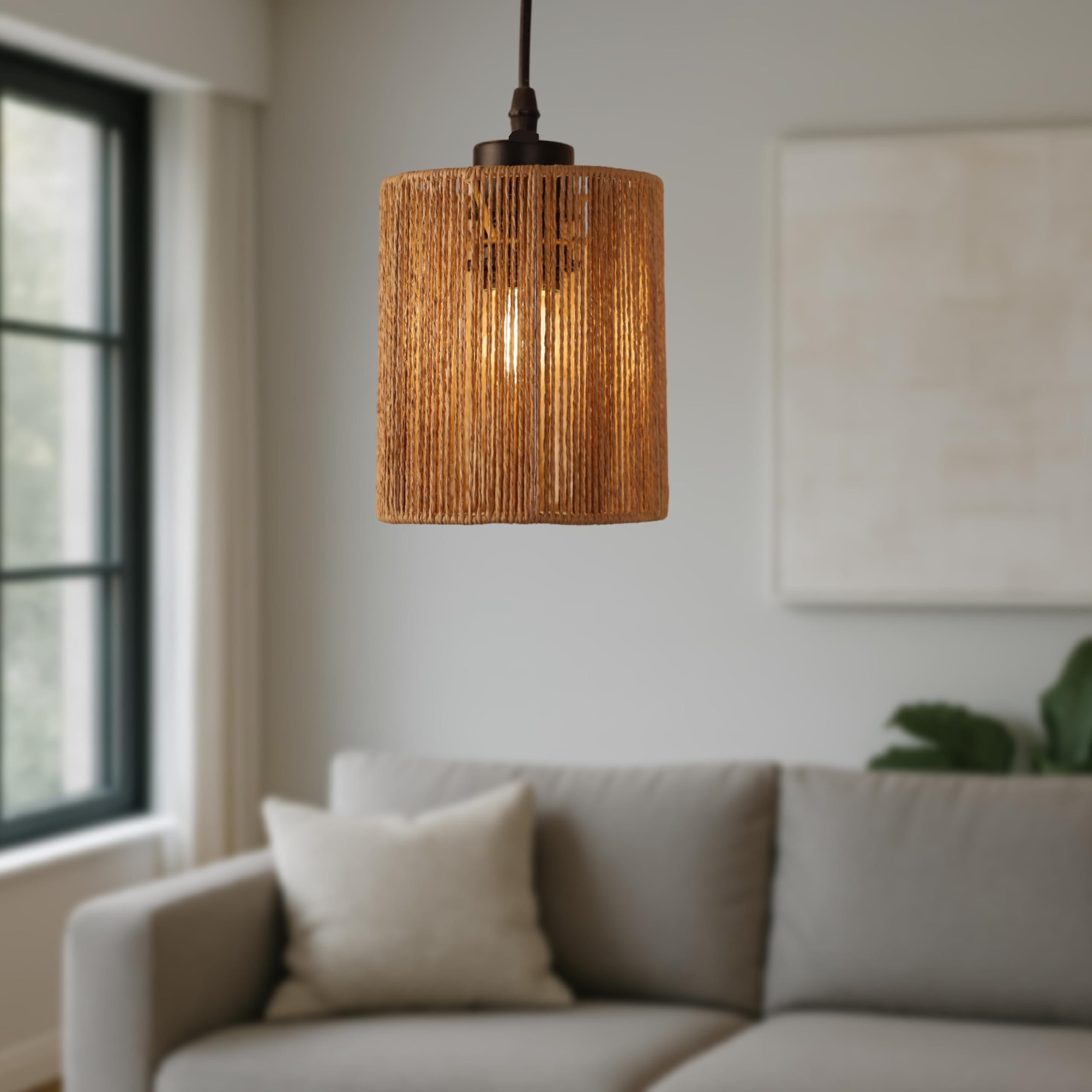 Ikari Homes Hanging Raffia Light I Cylindrical Handcrafted Woven Shade with Raffia I Boho Decor Hanging Lamp I Indoor/Outdoor/Balcony/Entrance/Dining Table (Bulb not Included) (Twisted Raffia)-image-36