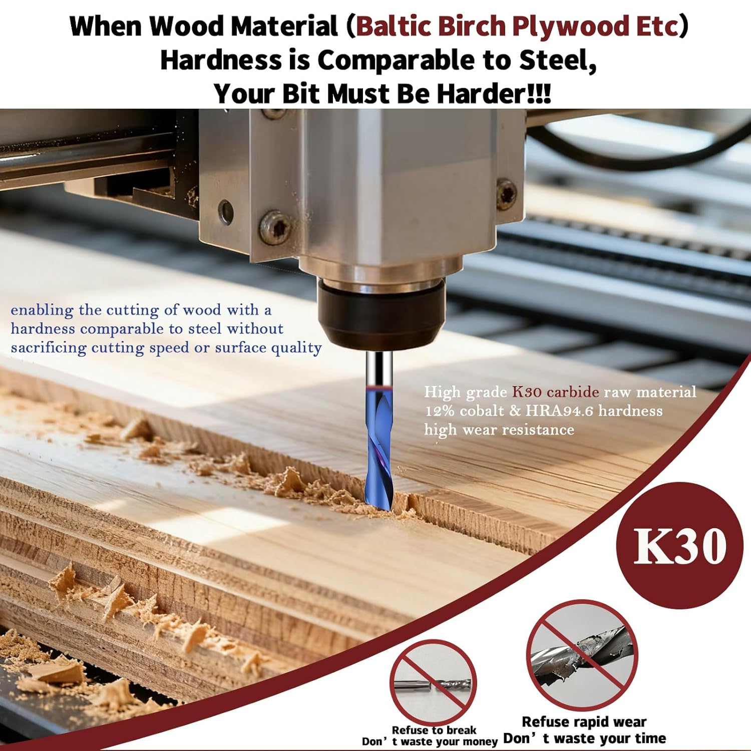 Max Cutting 80 Sheets 1/4 Compression Router Bit - K30 Premium Carbide CNC Spiral Bit, 1" Cut Length, 1/4" Shank for Plywood, Laminate, MDF, Melamine & Veneered Wood By YFTOOL