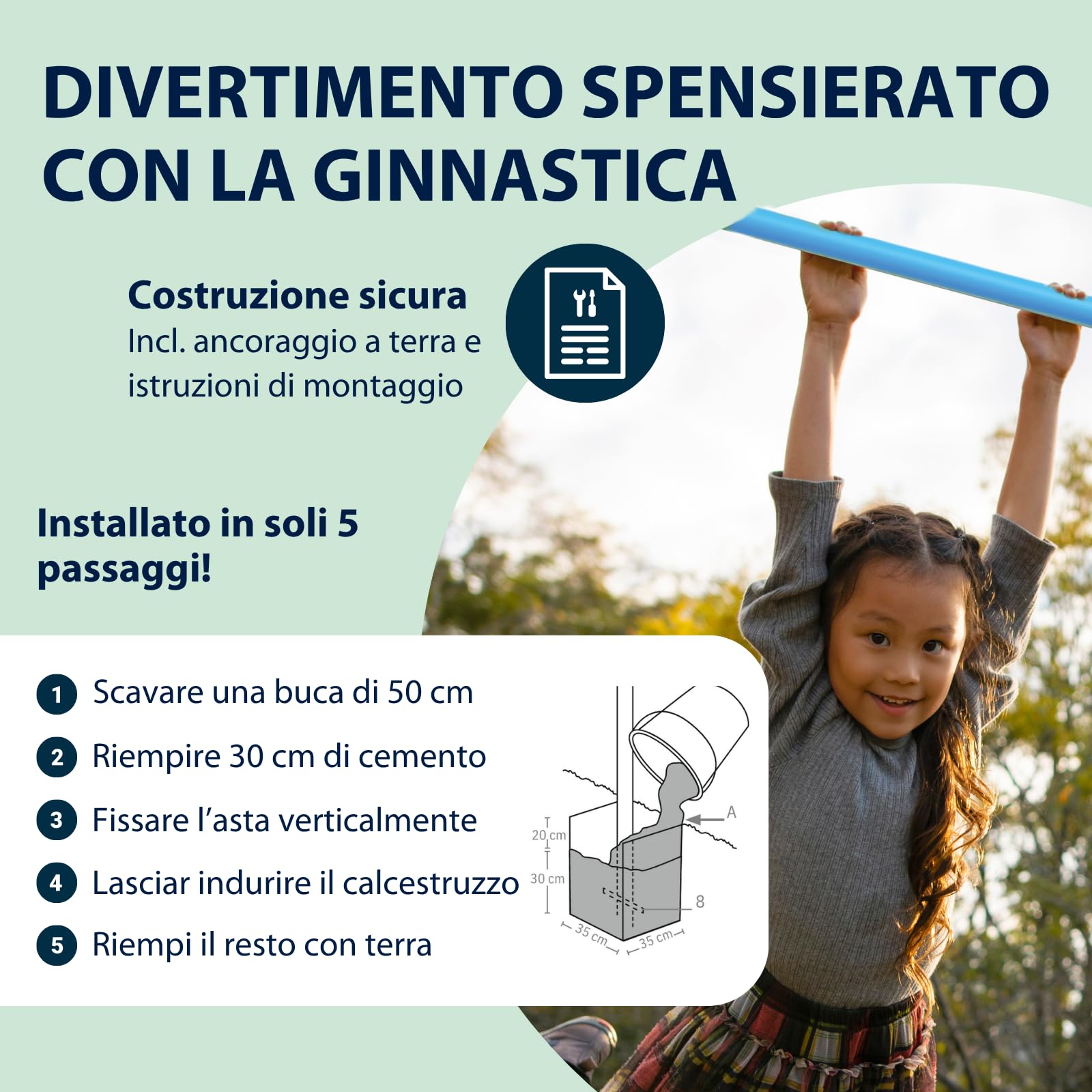 HUDORA Sbarra per trazioni Fabian Standard - Sbarra doppia per bambini e adulti - Sbarra da ginnastica regolabile su 4 altezze - Sbarra fitness robusta da esterno fino a 100kg - mint