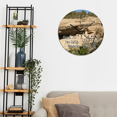 Miniatura 6 de COCOKEN Fuck It I'm Late Anyway - Reloj redondo de madera para decoración de pared, paisaje natural, reloj de pared de granja de 12 pulgadas, reloj