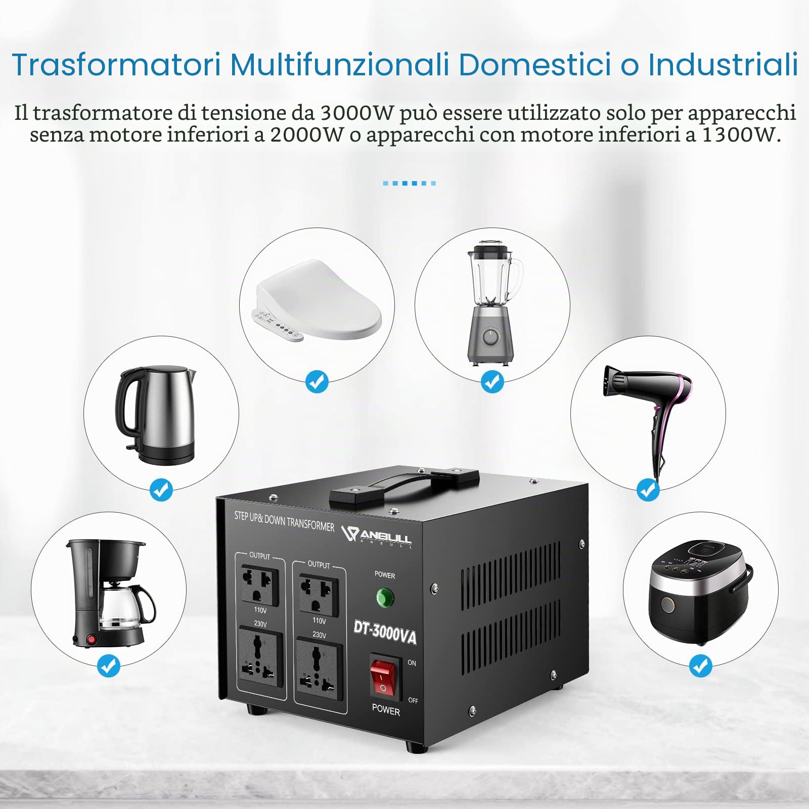 Anbull Convertitore di Tensione DT-3000W 230V⇋110V | Trasformatore di Tensione Motore con avvolgimenti in rame puro 2 prese UE+2 prese USA convertitore step-up/step-down