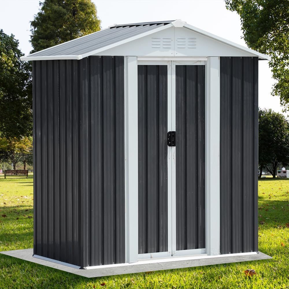Durable Metal Garden Shed with Pent Roof Design for Outdoor Storage, Weather-Resistant Steel Structure with Hinged Door (NEW 5x3 FT Grey Apex Roof)
