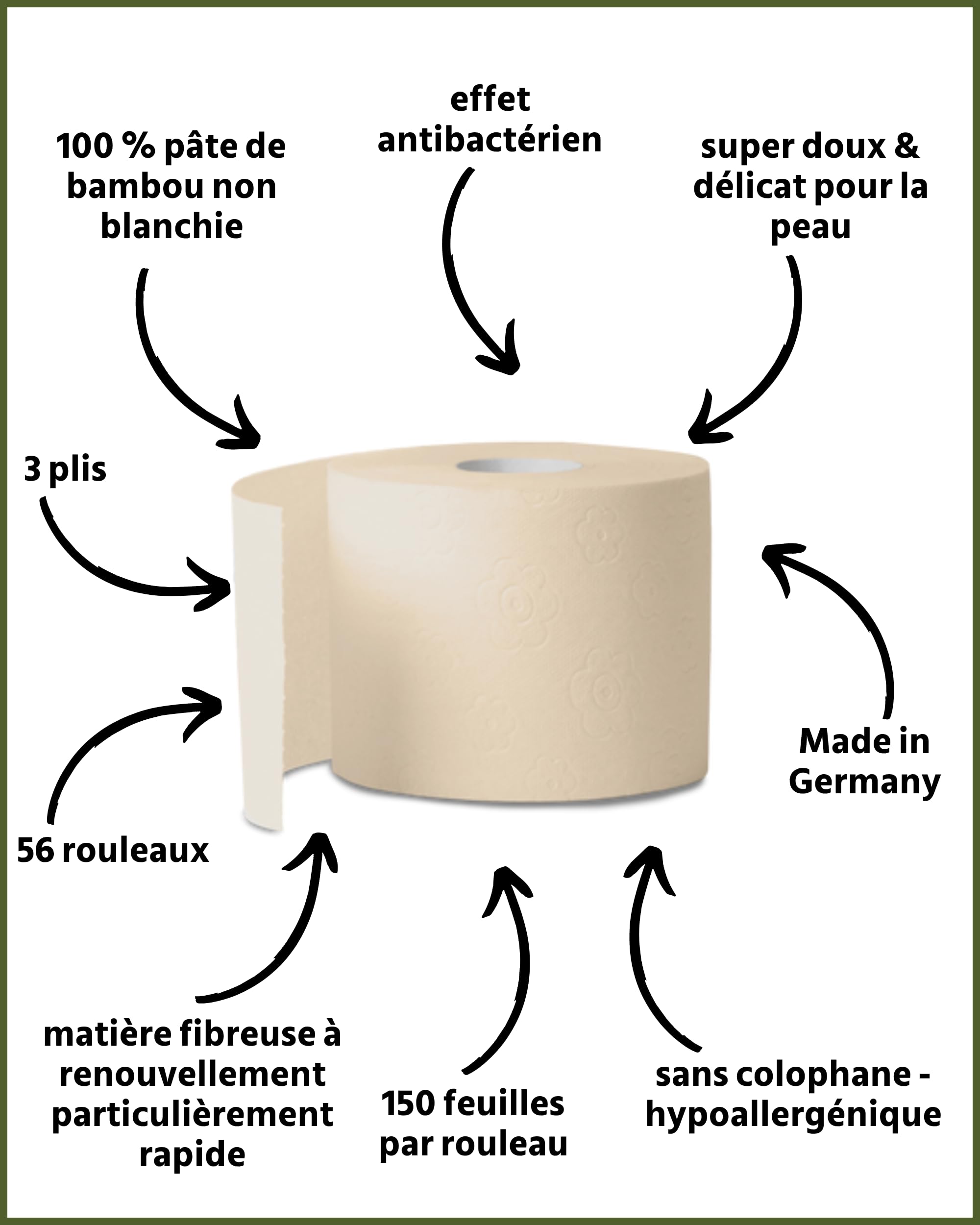 œcolife Lot de 56 rouleaux de papier toilette en bambou, 3 couches, 56 x 150 feuilles, super doux, végétalien, durable, emballage 60% PCR