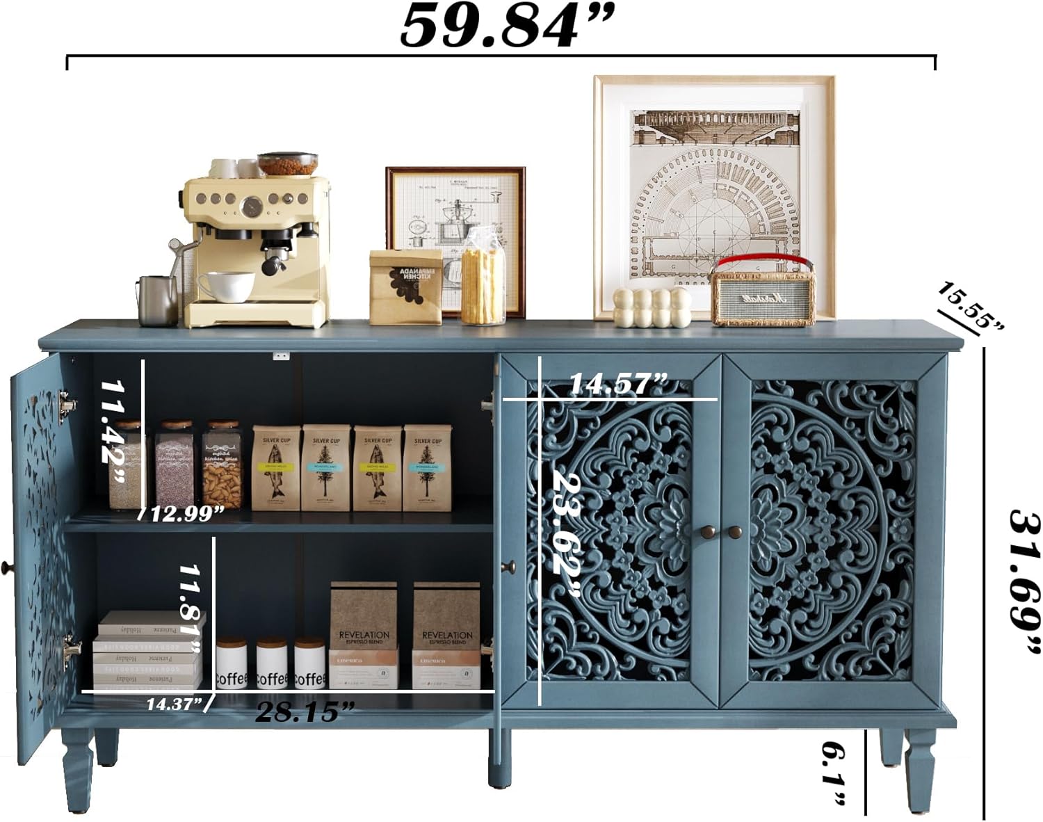 Sideboard Buffet Credenza Cabinet, 4-Door Hollow-Carved Accent Buffet, 60" Large Vintage Distressed Sideboard Storage Cabinet for Kitchen, Living Room,Entryway, Blue