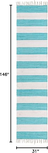 Miniatura 2 de Unique Loom Chindi Rag Collection - Alfombra a rayas (2 pies 7 pulgadas x 12 pies 2 pulgadas, color turquesa y marfil)