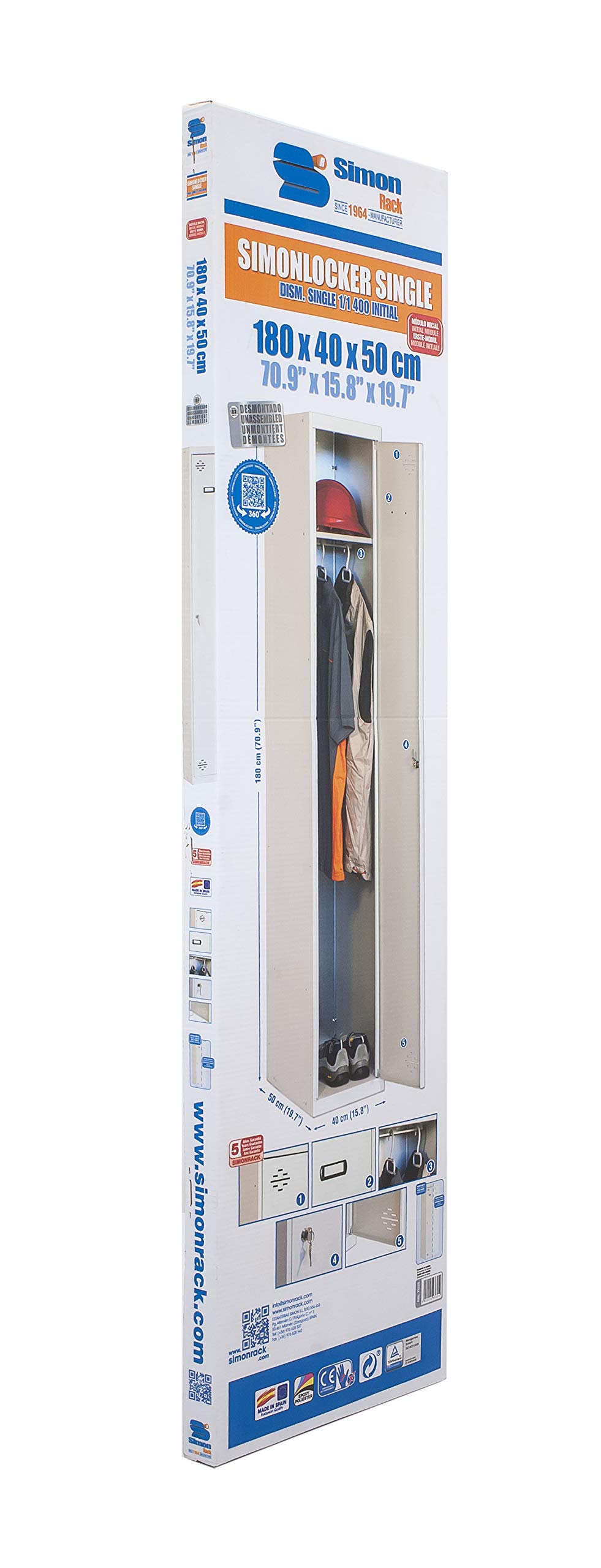 SimonRack Taquilla Vestuario Metálica, 1 Puerta, Incluye Llave, 1800x400x500 mm, Gris - Simonlocker | Incluye 2 Llaves, Pintura anticorrosión, Gris