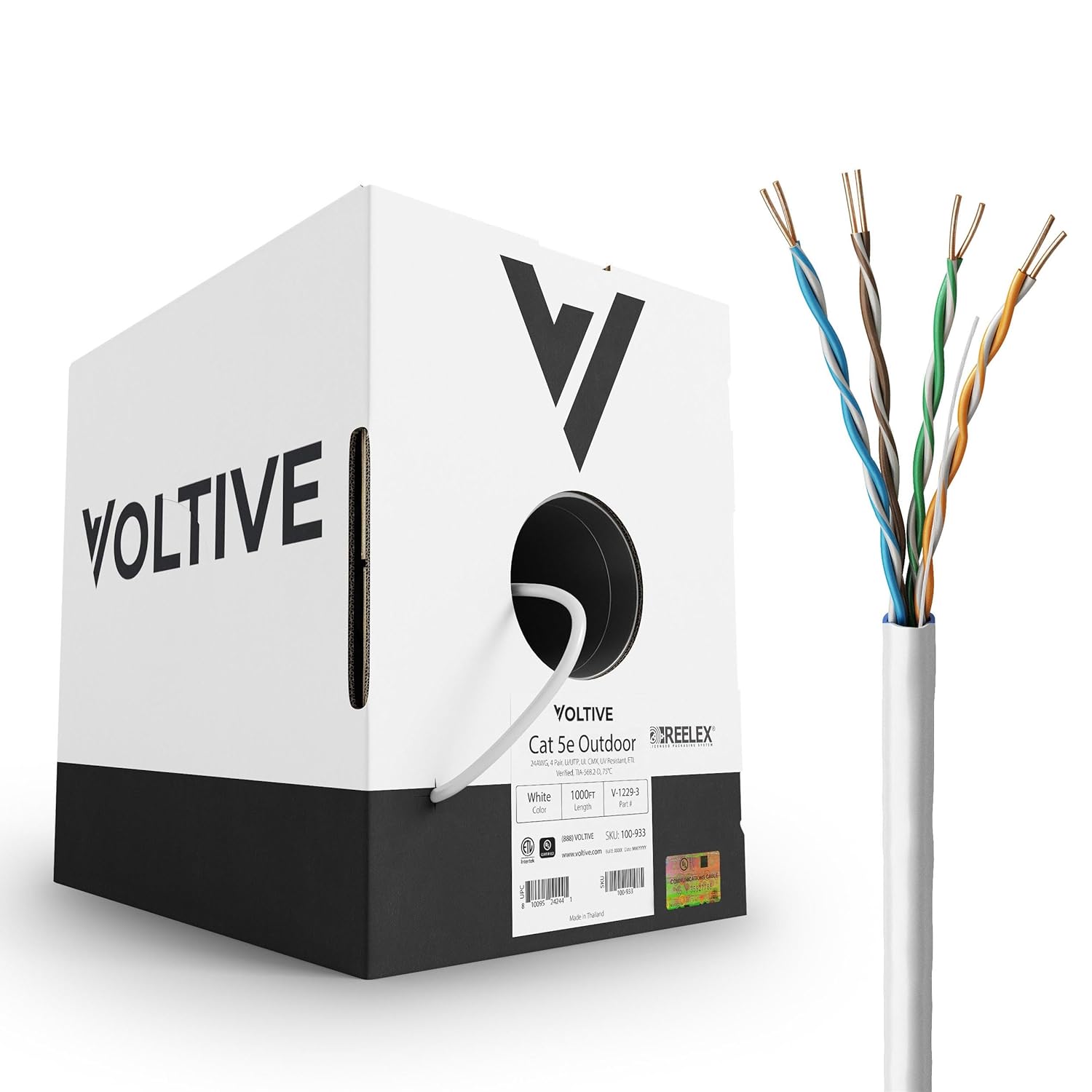 Voltive Cat5e Ethernet Cable, Outdoor (CMX), UV Resistant, Black, 1000ft - 24AWG 4 Pair Solid Bare Copper, UTP, 350MHz, UL Certified & ETL Verified - V-1229-2