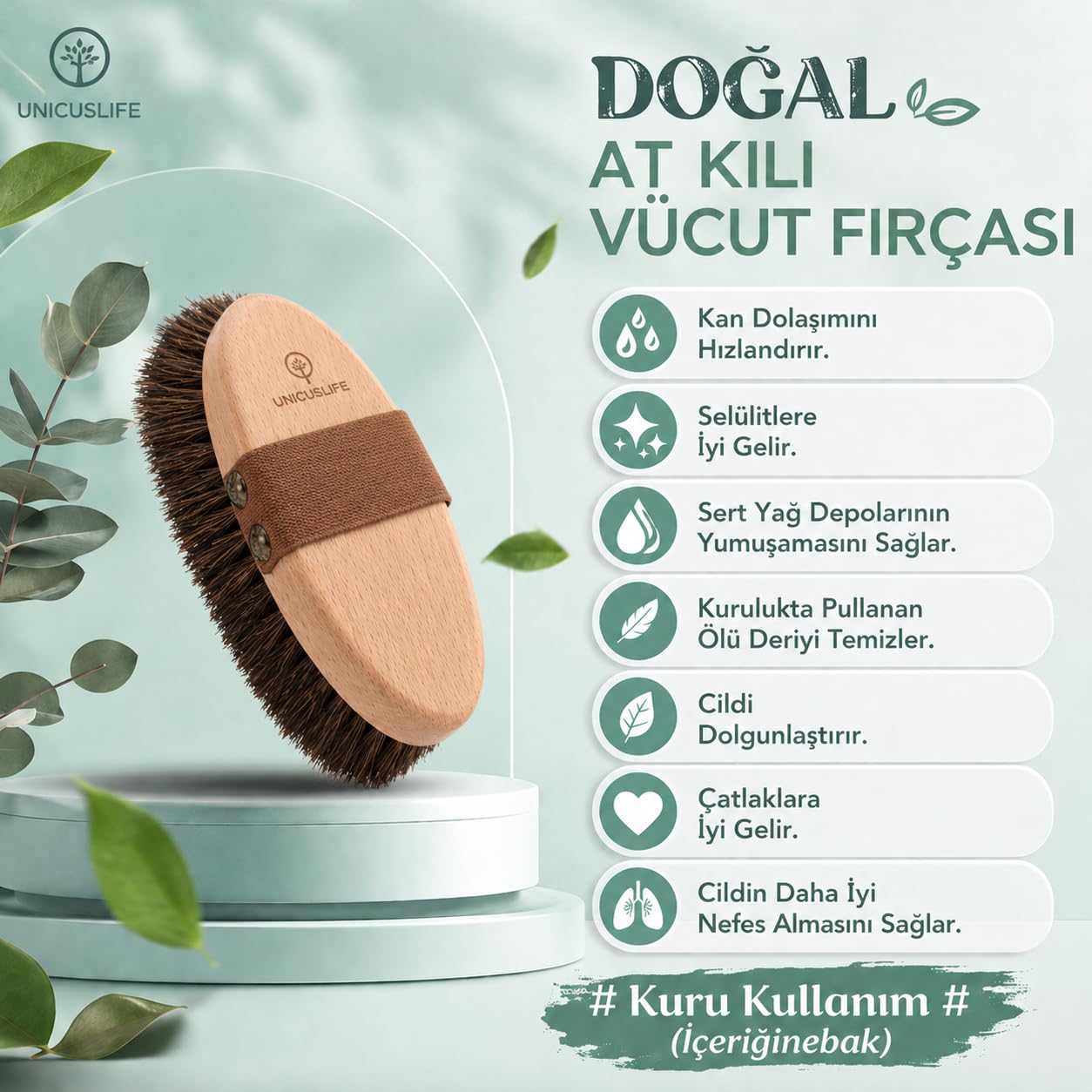 Unicuslife At Kılı Vücut/Selülit Fırçası (Kahverengi) (Taşıma kesesi ile birlikte gönderilir)
