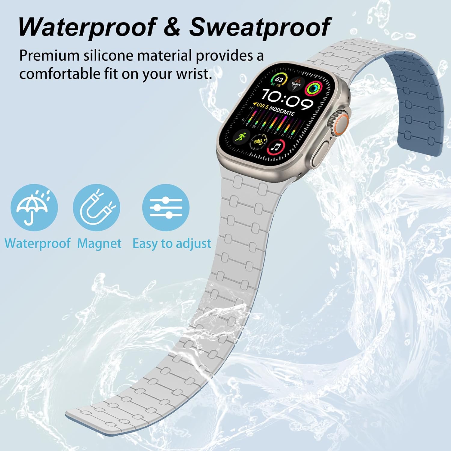 Amizee Magnetic Bands Compatible with Apple Watch Band 49/46/45/44/42/41/40/38mm Women Men, Sport Silicone Strap for iWatch Ultra 3/2/1 Series 11 10 9 8 7 6 5 4 SE3/2/1 (49/46/45/44/42, Gray Blue) - Image 4