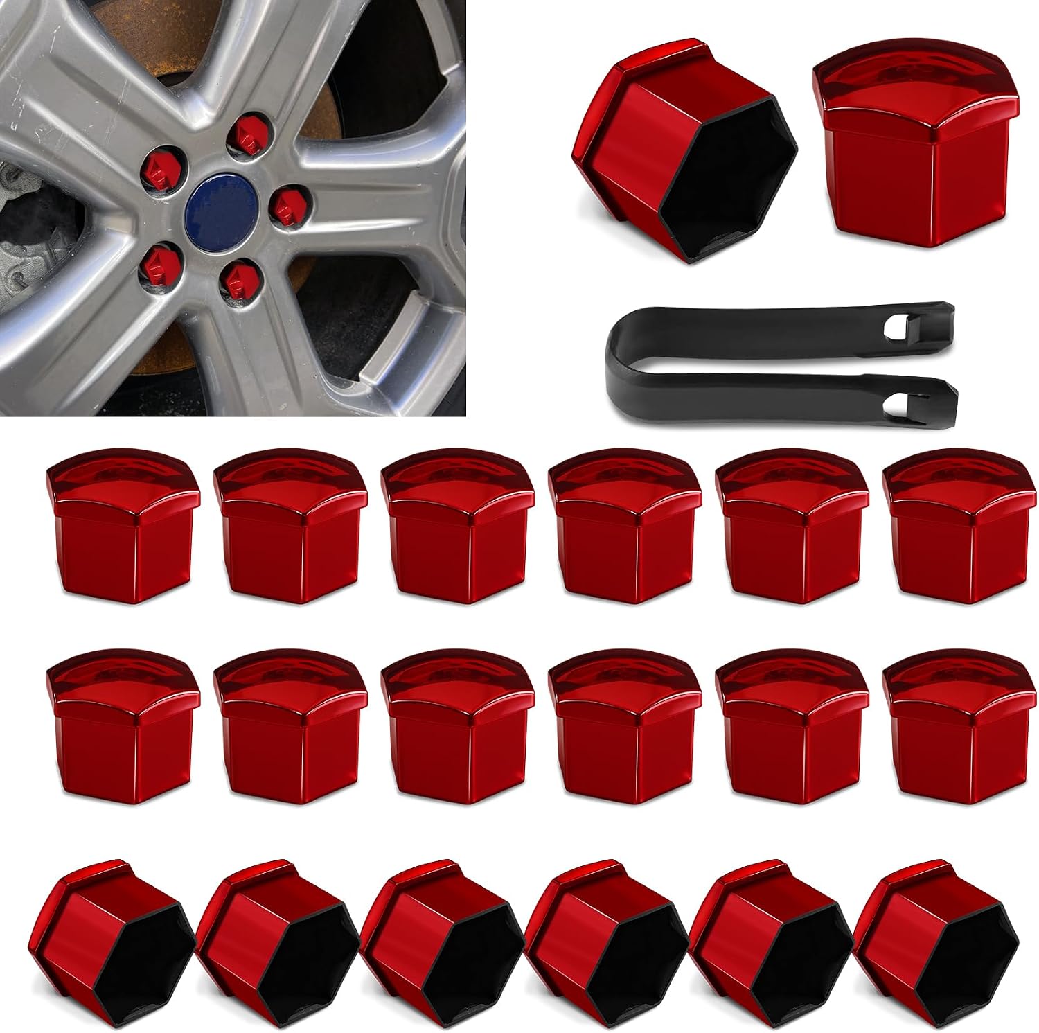 20PCS Car Wheel Lug Nut Covers, 21mm Lug Nut Covers with Disassembly Tool, Hexagonal Plastic Wheel Nut Rim Cover, Hex Lugnut Covers for Protecting & Decorating Wheel Bolts (Black/21MM)