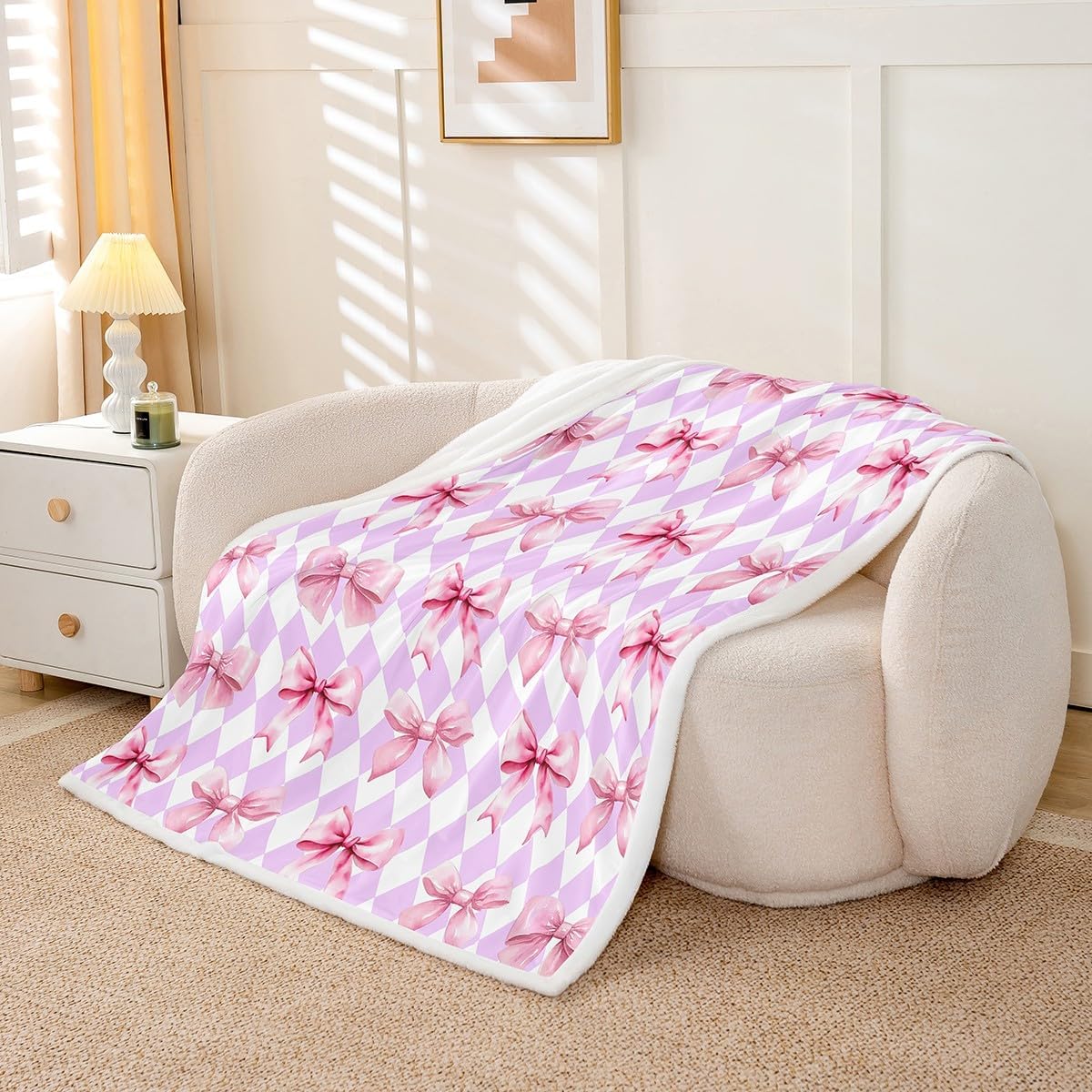 Castle Fairy Watercolor Bowknot Flannel Blanket,Pink Bows Print Girls Lovely Fuzzy Blanket for Children,Purple Diamond Grid Rhombus Check Polyester Throw Blanket for Couch, Twin Size (60 x 80 Inch)