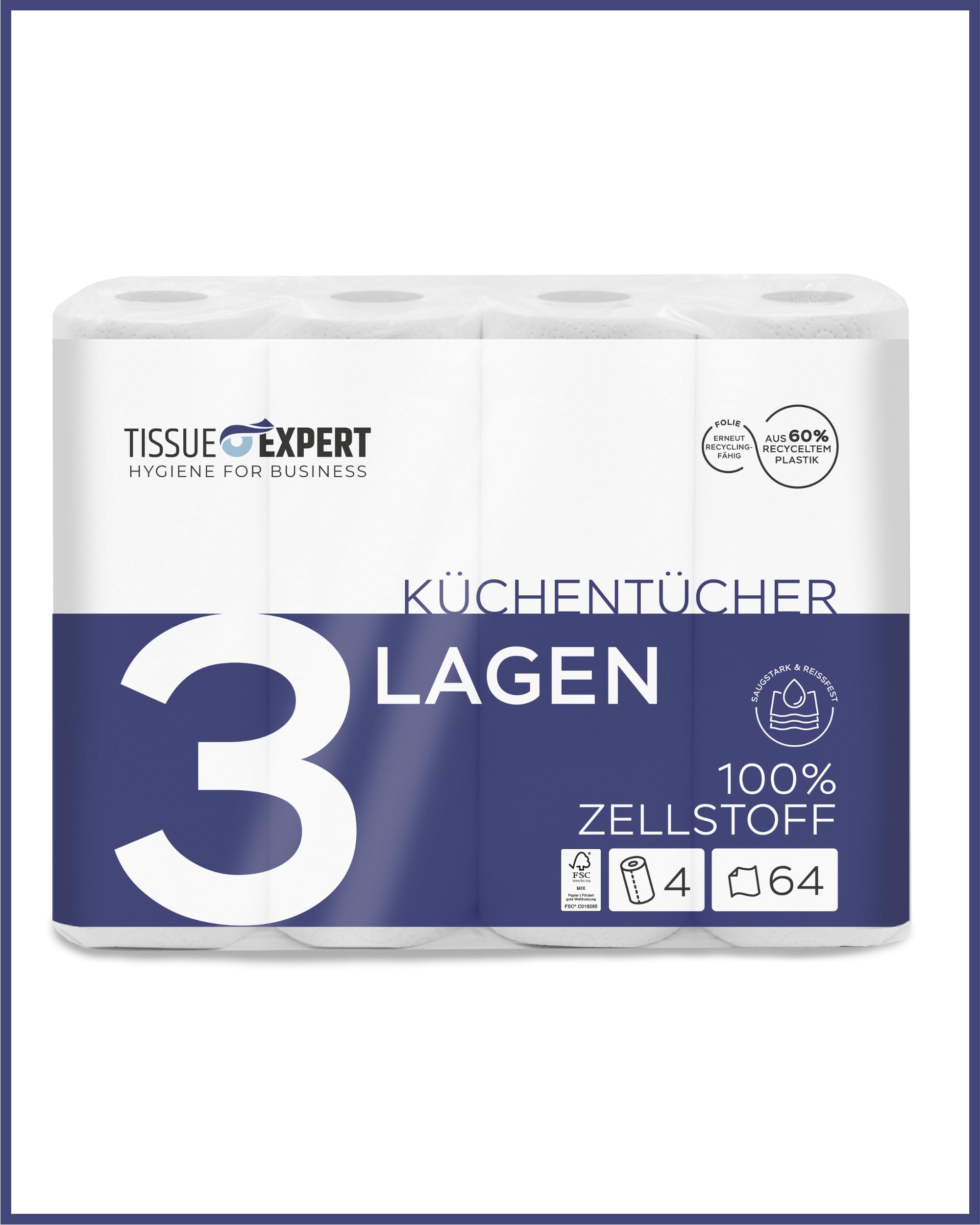 Küchentücher, 32 Rollen á 64 Blatt, 3-lagige Küchenrollen, 100% Zellstoff, saugstarke Haushaltsrollen, Allzwecktücher, Papiertücher, Papierhandtücher, Küchenpapier
