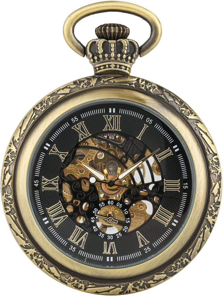 Carrie Hughes Men's Vintage Steampunk Open Face Mechanical Pocket Watch with Chain CHPW16B