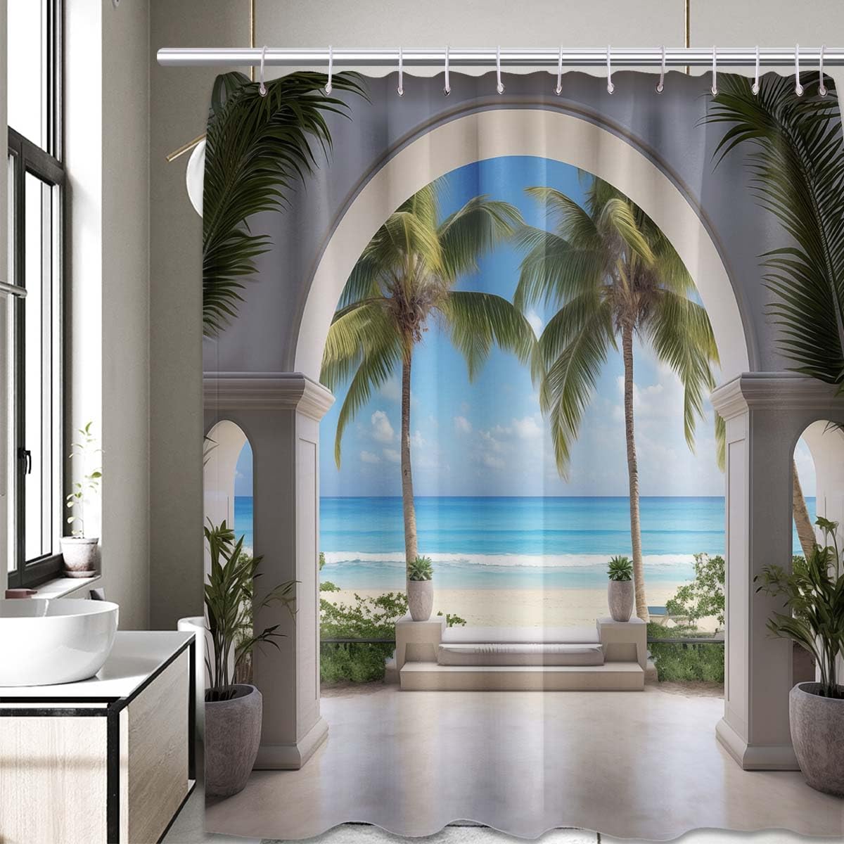 Summer Beach Theme Shower Curtain Beachy Coastal Palm Tree Pattern Ocean Tropical Scenic Nature for Bathroom, Decorative Waterproof Fabric(70" W x 84" L)
