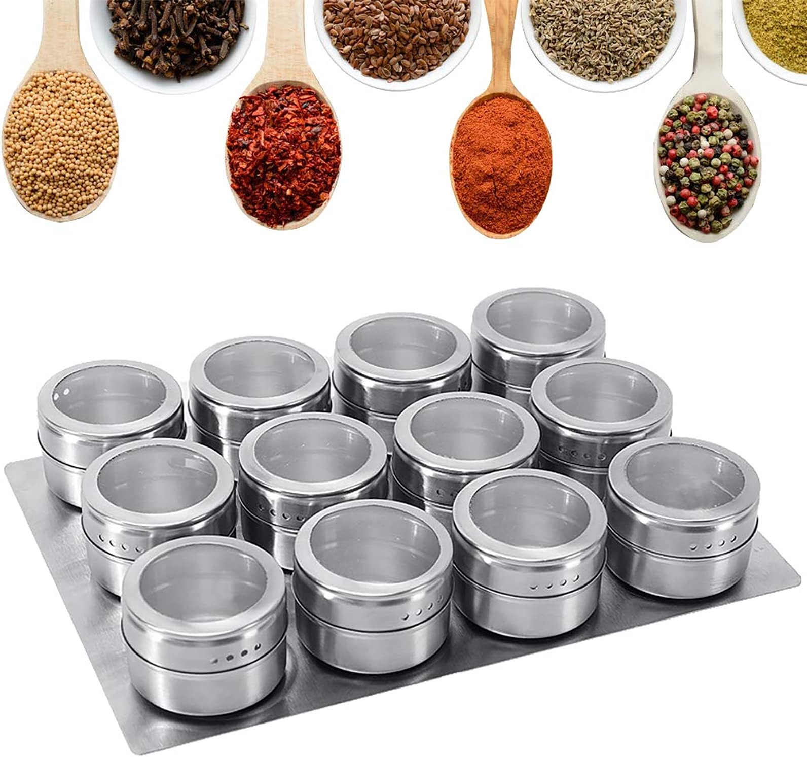 GoMaihe Spice Jars 12 Set, Stainless Steel Transparent Top BBQ Spice Tin Magnetic Storage Containers Stick on Refrigerator and Grill, with 1 Tray, 120 Spice Labels and 1 Marker Pen