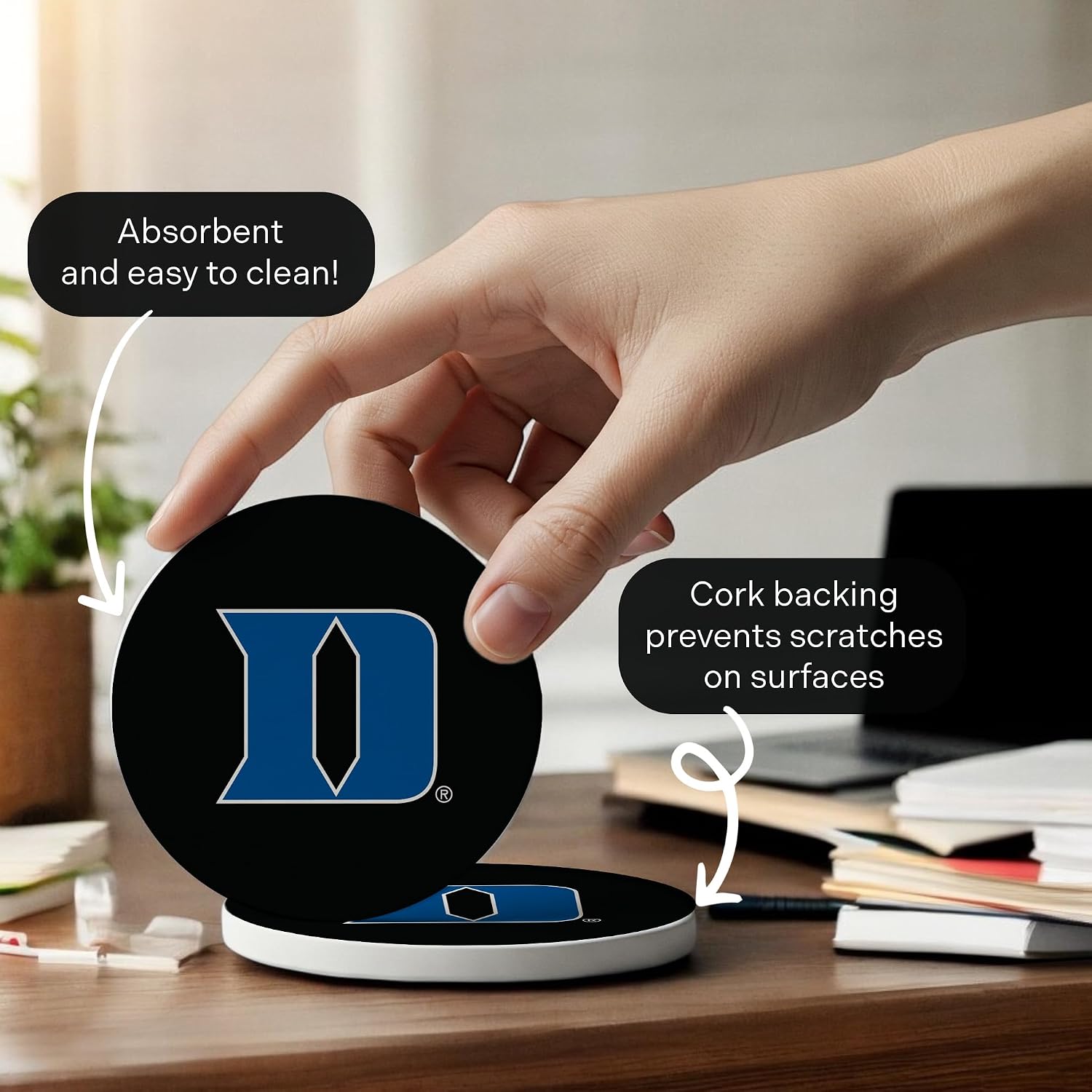 Desert Cactus Duke University Circle Ceramic Coasters 4 Pack Blue Devils Absorbent Drink Coasters with Cork Backing (Design B)