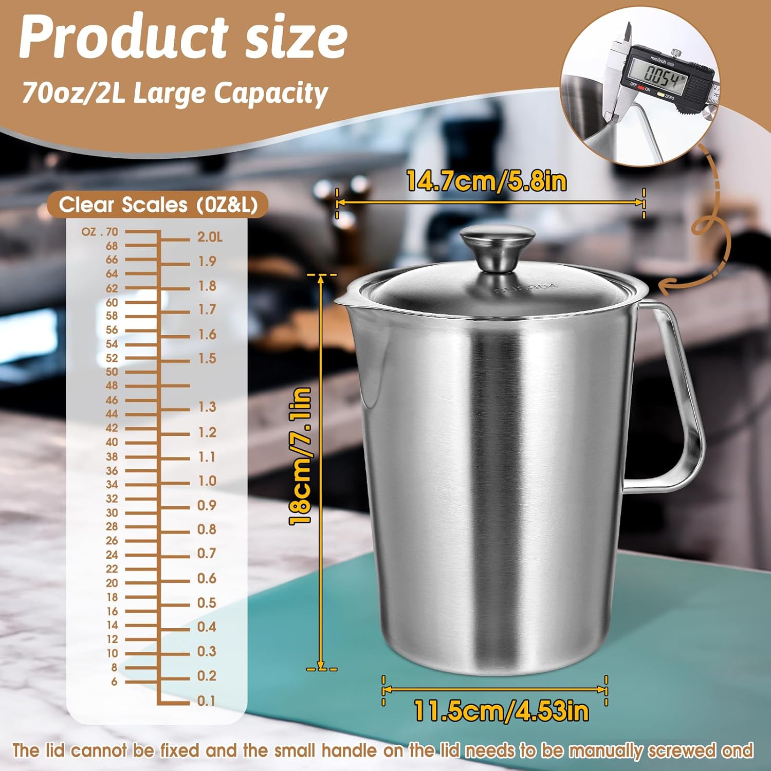 Stainless Steel Pitcher with Lid 2 L 70 oz Measuring Cup with Marking Metal Water Container with Handle Milk Frothing Jug for Iced Tea Hot Cold Water
