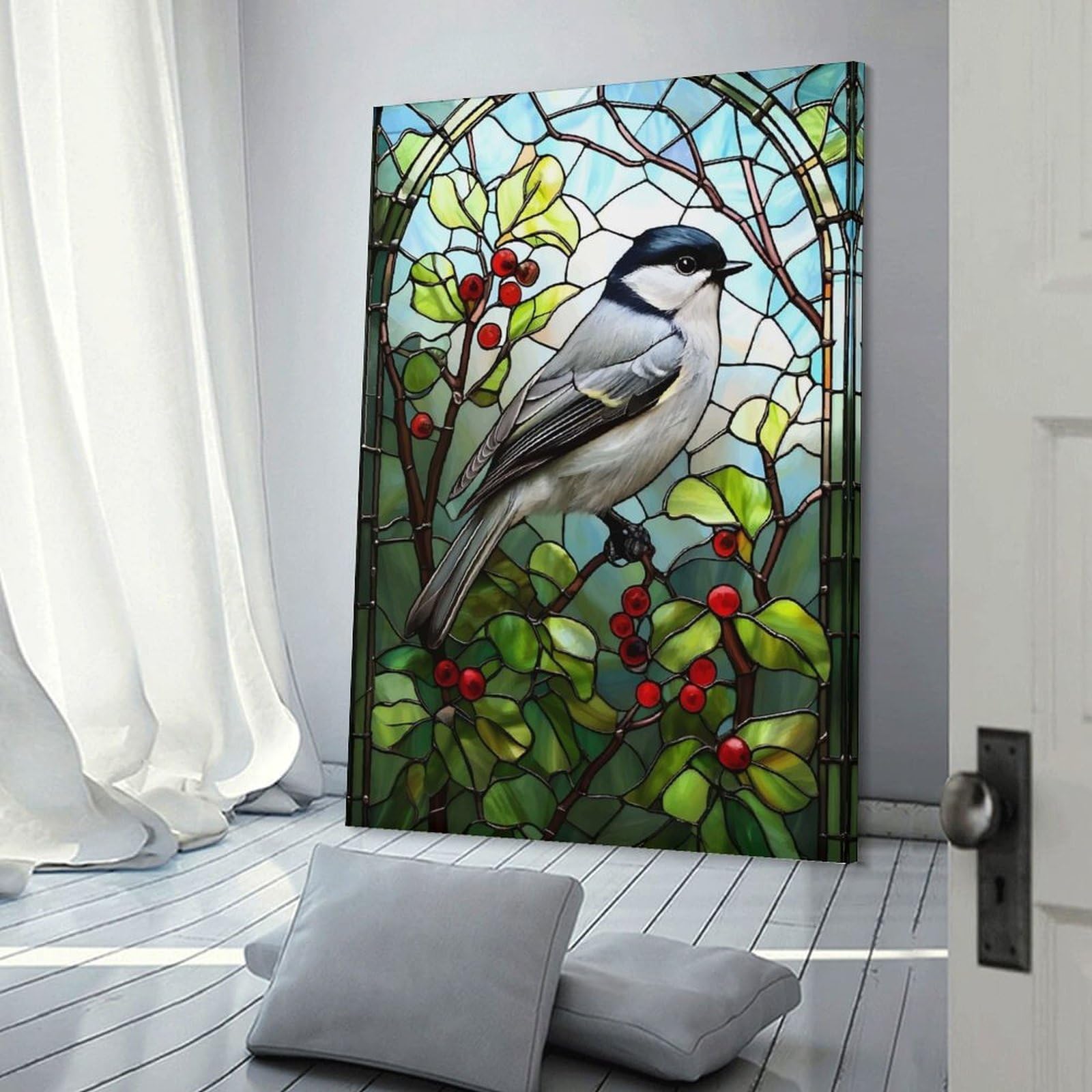 Junmoney Stained Glass Titmouse Canvas Art Print 20x30inch(50x75cm), for Entrance Spaces, Stair Walls Or Halls, Wall Decor to Refresh Empty Corners