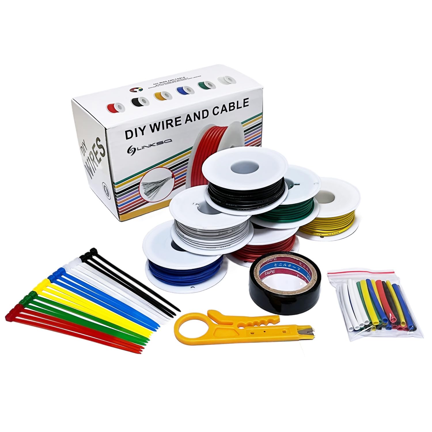 LINKSQ 26AWG Stranded Wire Spool 32.8FT (10m) Each 6 Colors Flexible 26 Gauge Silicone Hook Up Wire Kit Electrical Tinned Copper Wire for Breadboard, Automotive, DIY, Battery, Power Wiring 392°F 300V