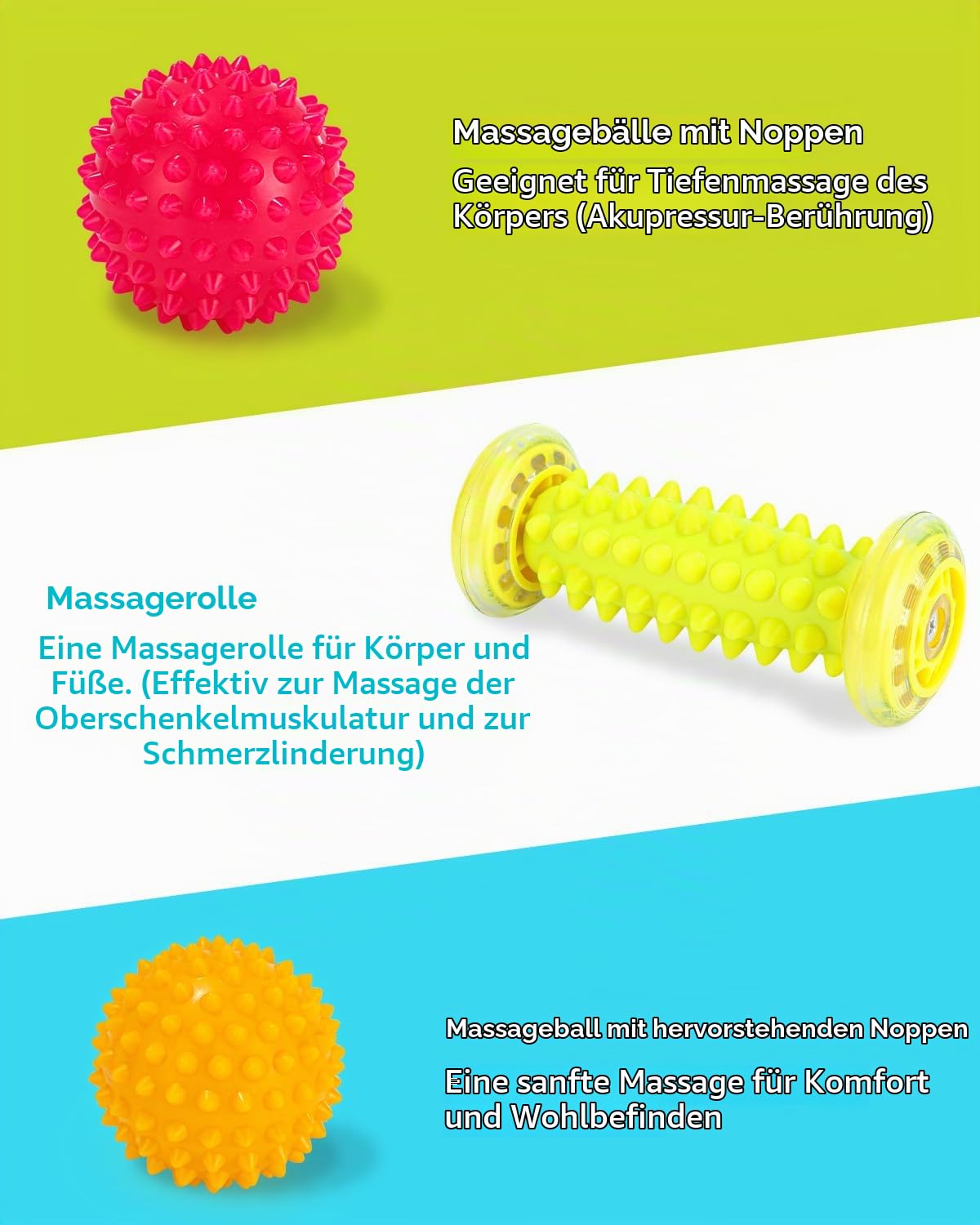 Massagebälle Igelball Set, Fußmassage Roller, Massagebälle für Plantarfasziitis mit Tragetasche, Premium Fußmassagegerät zur Stressreduzierung und Entspannung, Linderung von Muskelkater