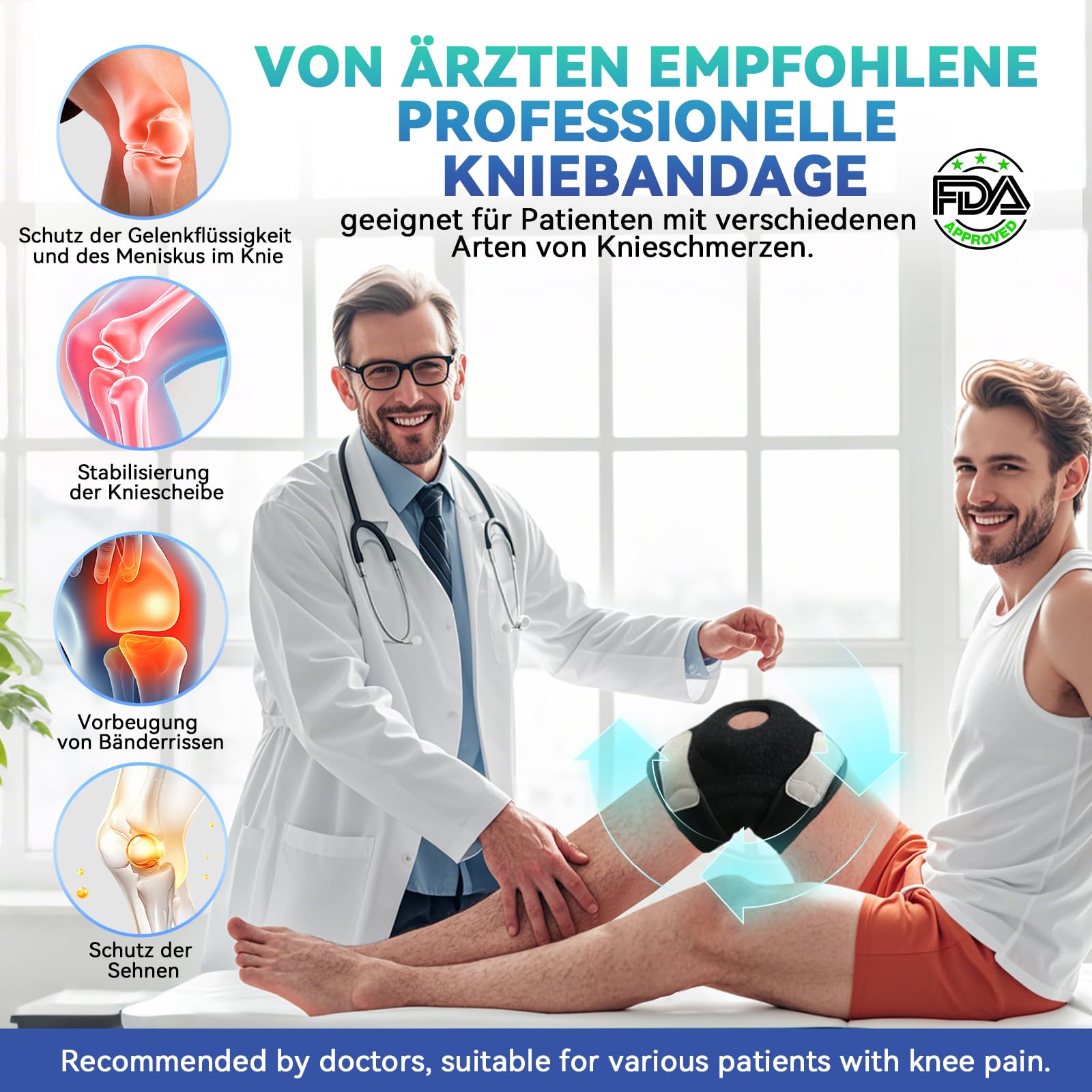 Kniebandage Männer Damen- Verstellbare Kniebandage Meniskus, Arthrose, Arthritis, ACL- Bandage Knie mit Stabilisatoren &Patella Pads, Atmungsaktiv Kniestütze für Sport Knieschmerzen Knee Support