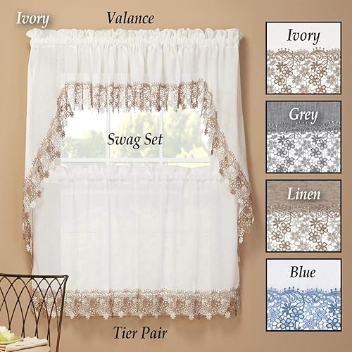 Miniatura 3 de Renaissance Home Fashion Collections Etc Lillian - Par de niveles con banda de macramé, 56 x 24 pulgadas, marfil