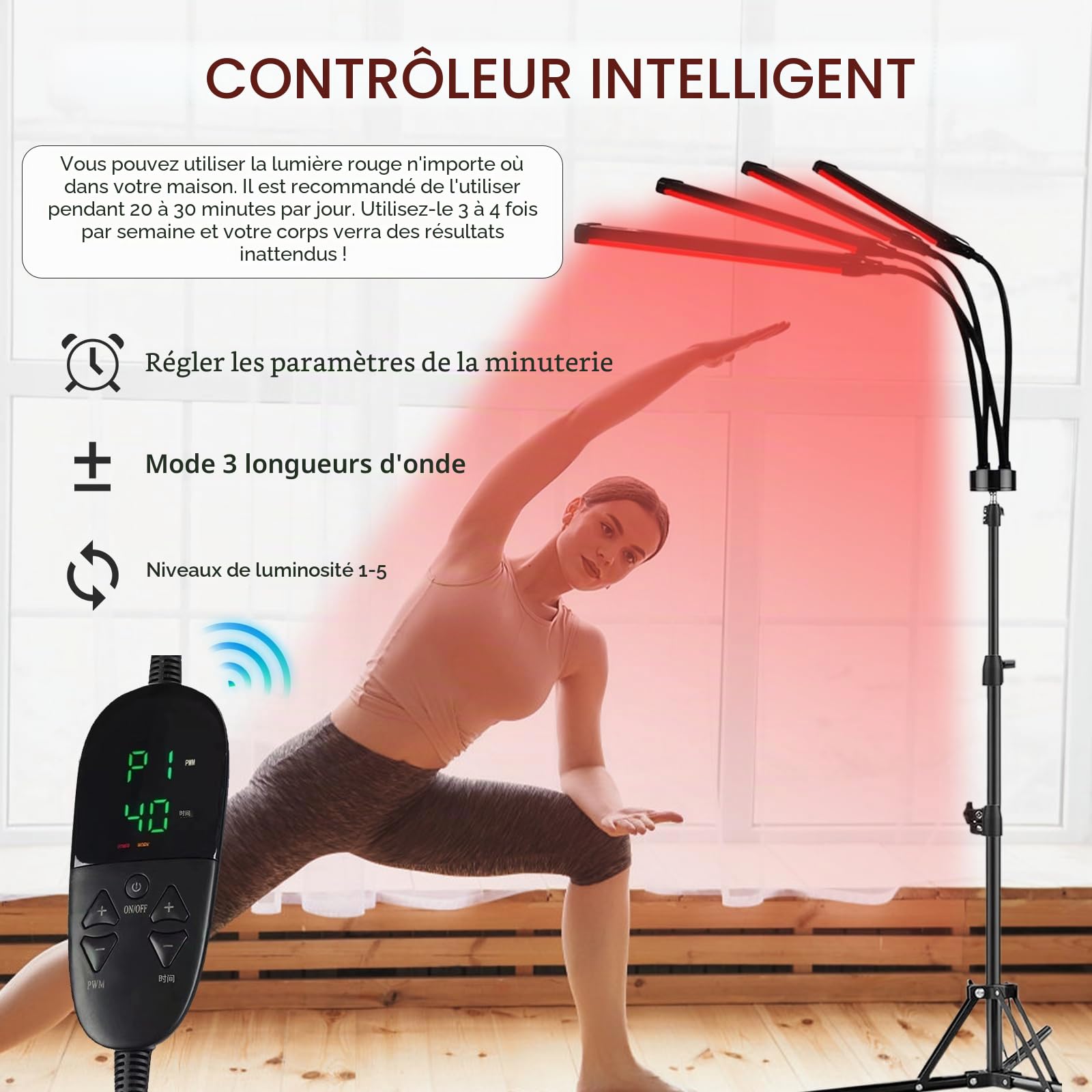 Lampe à lumière rouge avec support, 660 nm, 850 nm et 940 nm, lumière infrarouge 180 LED avec minuteur, lumières rouges rotatives à 360° pour la maison/le bureau, cadeaux d'anniversaire pour