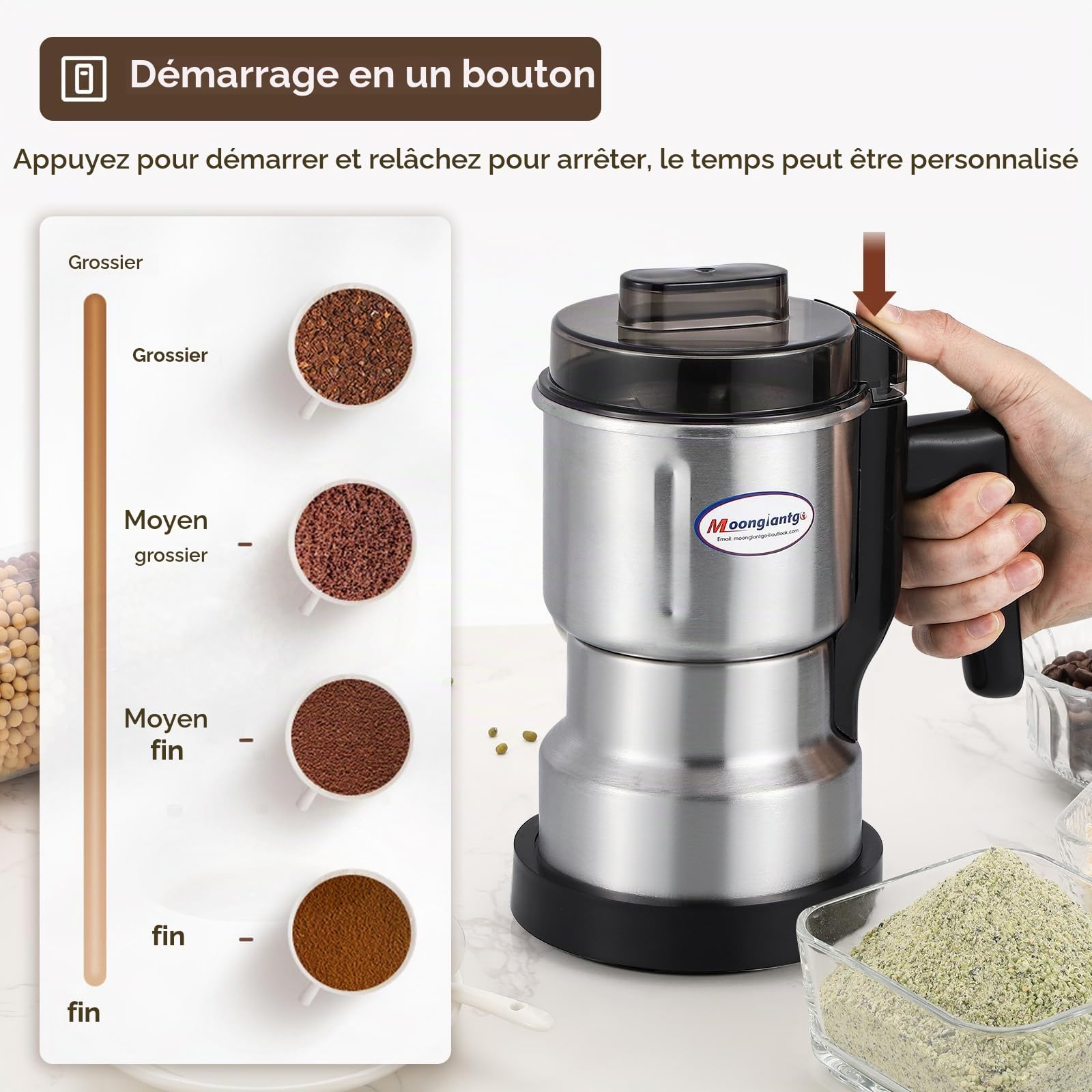 Moongiantgo Moulin Multifonctionnel à Céréales, Café et Épices (250W 22000RPM, Capacité 200ml, Acier Inoxydable, Mouture Ultra-Fine pour Céréales, Haricots, Café - Avec Brosse et Cuillère)