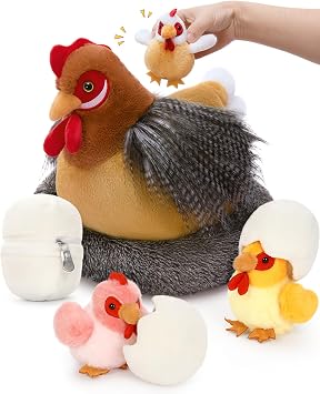 MaoGaoLan 8Pcs Interactive Talking Mother Hen Plush Toy with 3 Baby Chicks, 3 Plush Eggs & Nest, Touch-Activated Sound Chicken Stuffed Animal Playset, Soft Farm Animal Pretend Play Gift for Kids