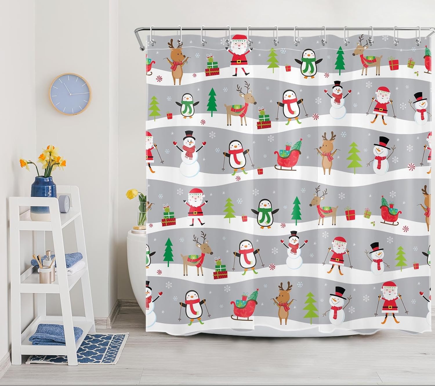 HVEST Christmas Shower Curtain for Kids Bathroom Decor, Cute Santa Claus Penguin Snowman Elk Shower Curtain with Hooks Set Snow Winter Polyester Waterproof Fabric Bath Accessories,72x72 Inches
