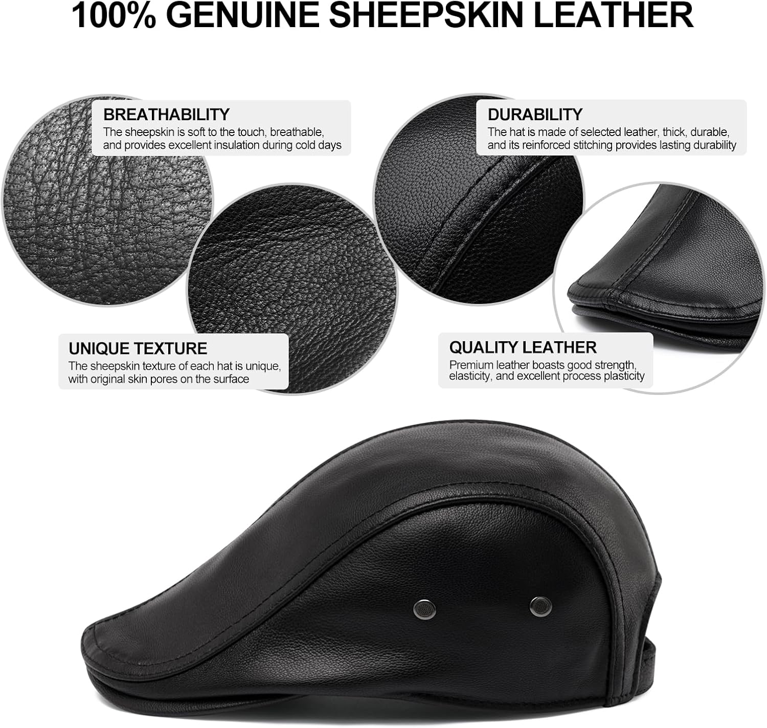 BOTVELA Men's Genuine Newsboy Leather Hat Adjustable Golf Flat Ivy Cap Gatsby Driving Beret Hat - Image 5