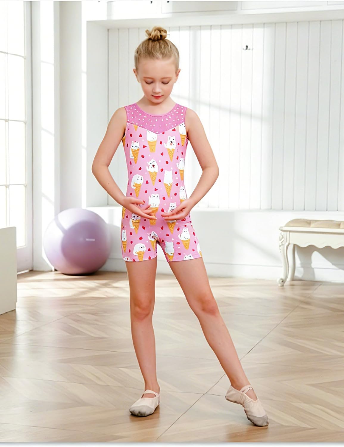 Belovecol Gymnastics Leotards for Girls Sparkly Unitard with Shorts Mesh 4-Way Stretch Tumbling Outfits 2-8T