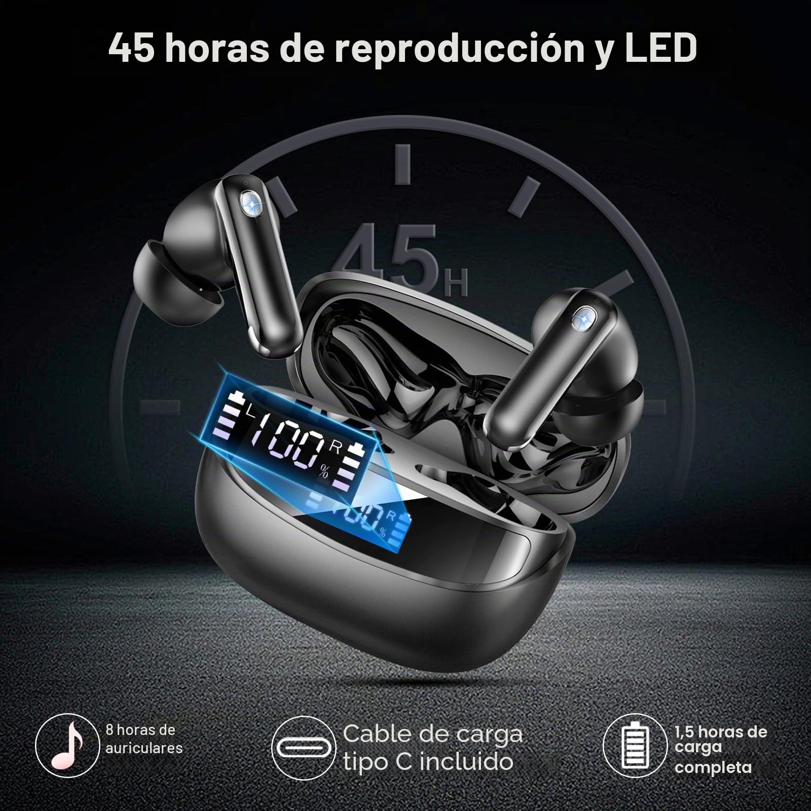 2026 Auriculares Inalámbricos Bluetooth, Auriculares Bluetooth 5.4, 50H Cascos Inalambricos Bluetooth con 4 ENC Reducción de Ruido, Cascos Inalambricos Bluetooth IP7 Impermeable, Carga Rápida USB-C