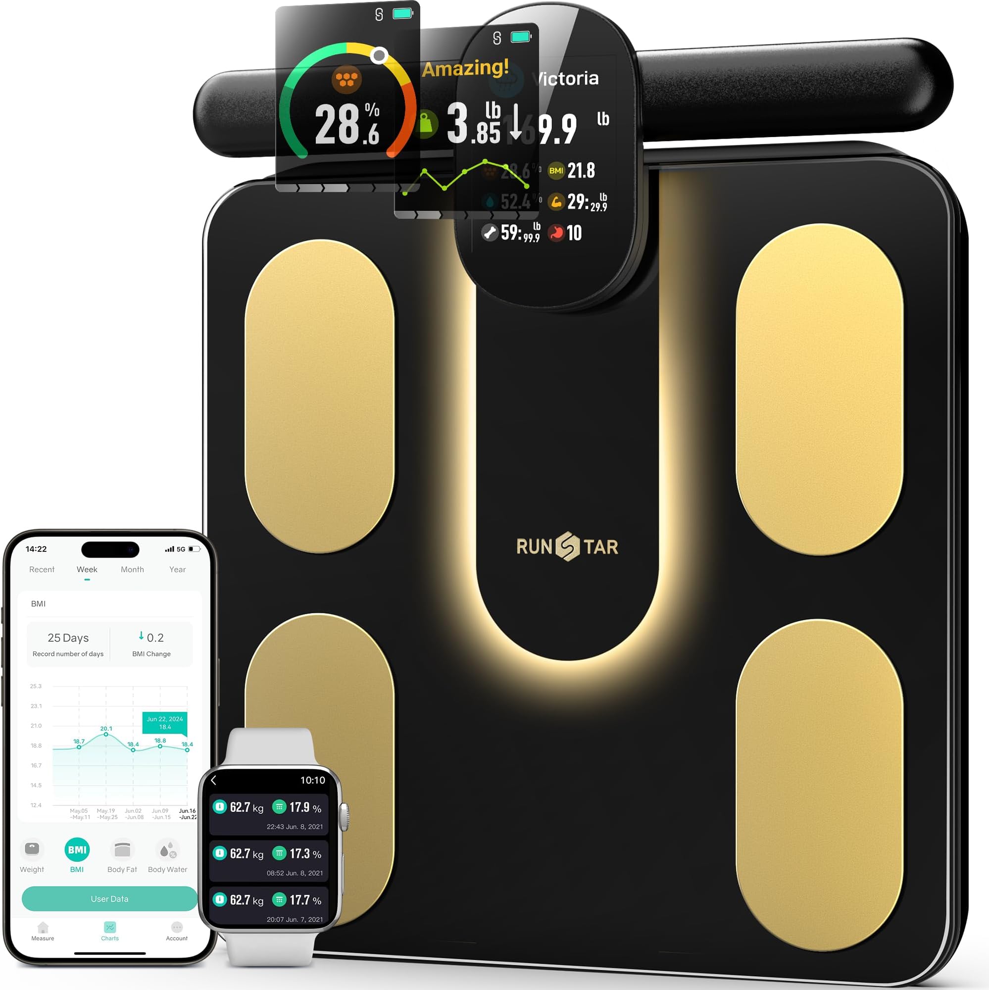 Smart Scale FSA or HSA Eligible, 8 Electrodes Digital Bathroom Scale for Body Weight and Fat, BMI, Muscle Mass 28 Body Composition Measurement, with Full-Color TFT LCD on Retractable Handle