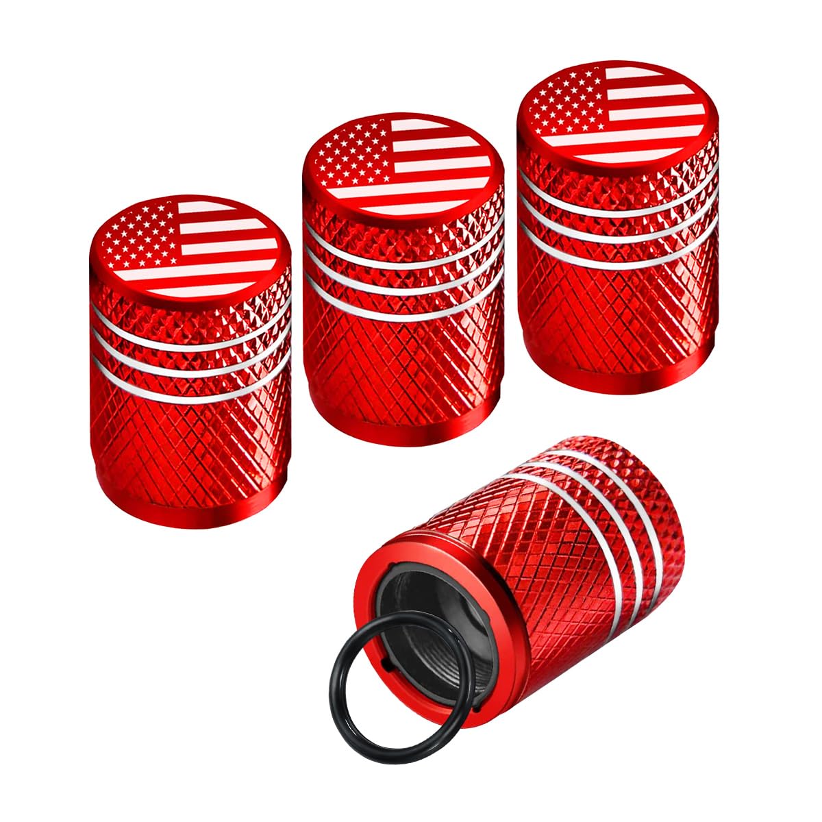Ziciner 4 PCS Tire Valve Stem Cap Cover, Dustproof Valve Cover with Rubber Ring, Corrosion Resistant Leak-Proof Aluminum Alloy Wheel Valve Covers for Car, Truck, Motorcycle, Bike (Flag Red)