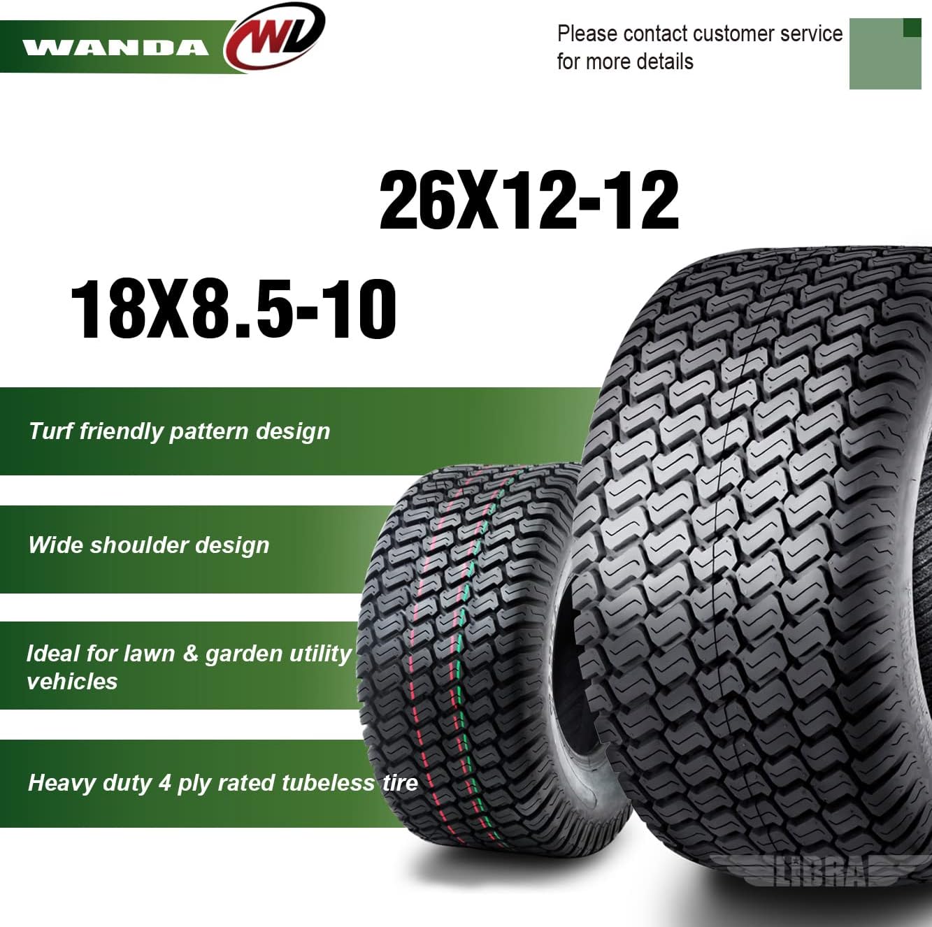 WANDA Set 4 18X8.5-10 & 26X12-12 Lawn Mower Tractor Cart Turf Tires 4 Ply-13029/13056
